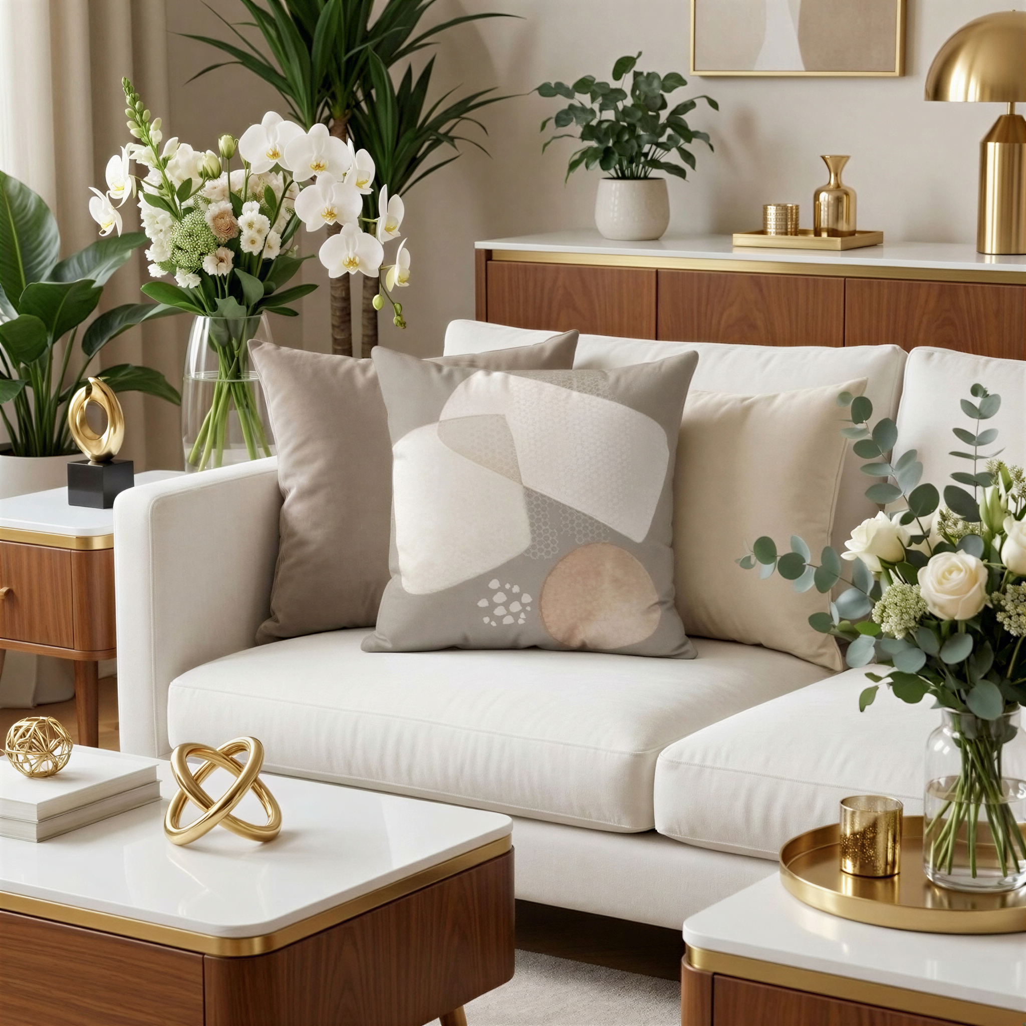 a well-decorated living room with a white sofa, a wooden coffee table, and various decorative elements such as potted plants, vases, and a gold lamp.