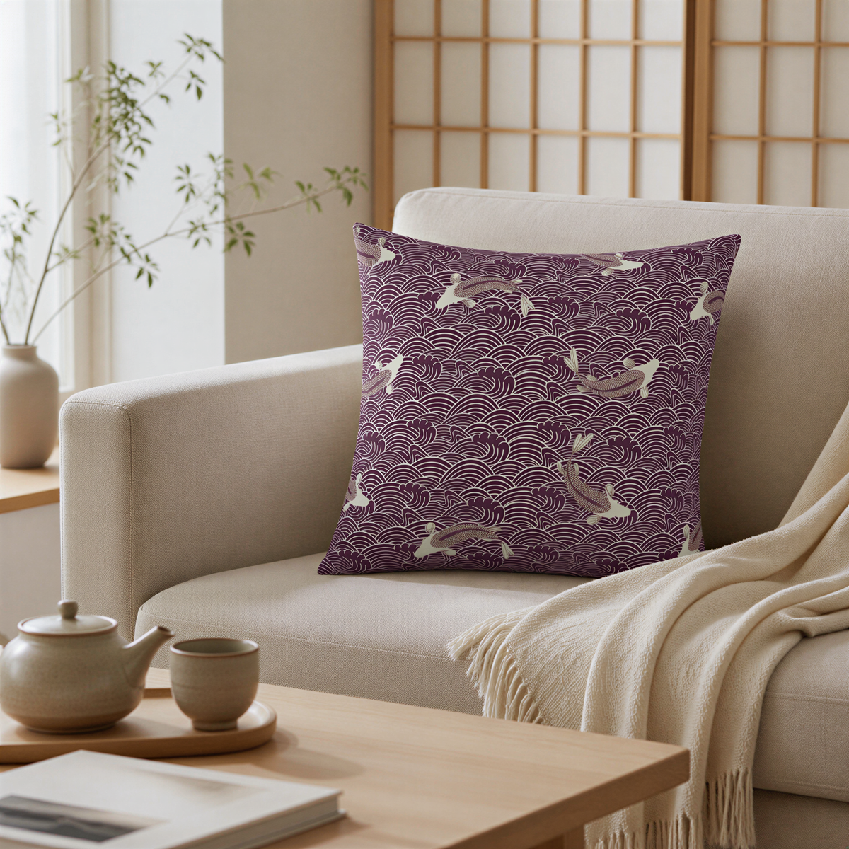 a living room with a beige sofa, a wooden coffee table, and a decorative throw pillow with a wave pattern in purple and white colors.