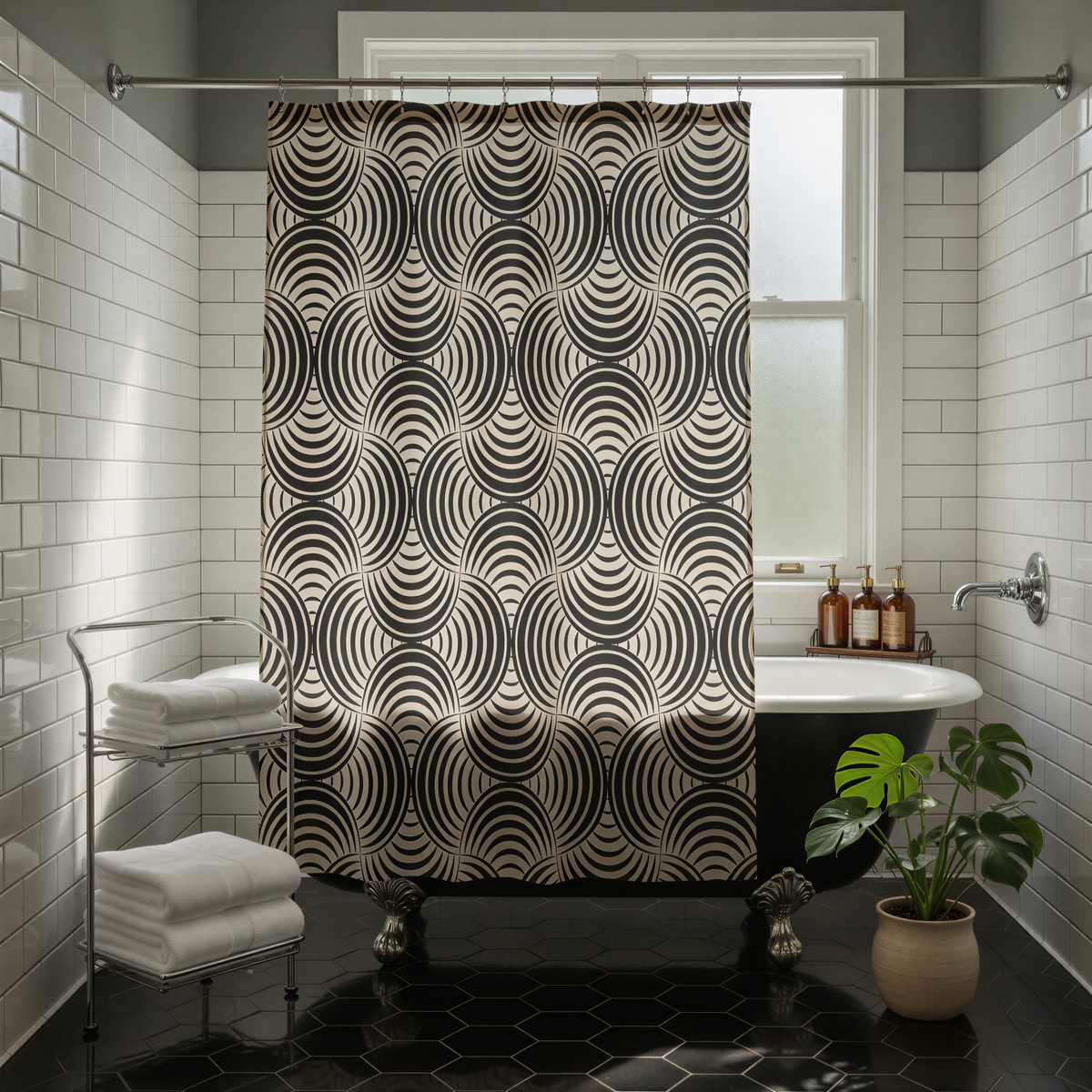 a modern bathroom with a black and white patterned shower curtain, a white bathtub, and a potted plant.