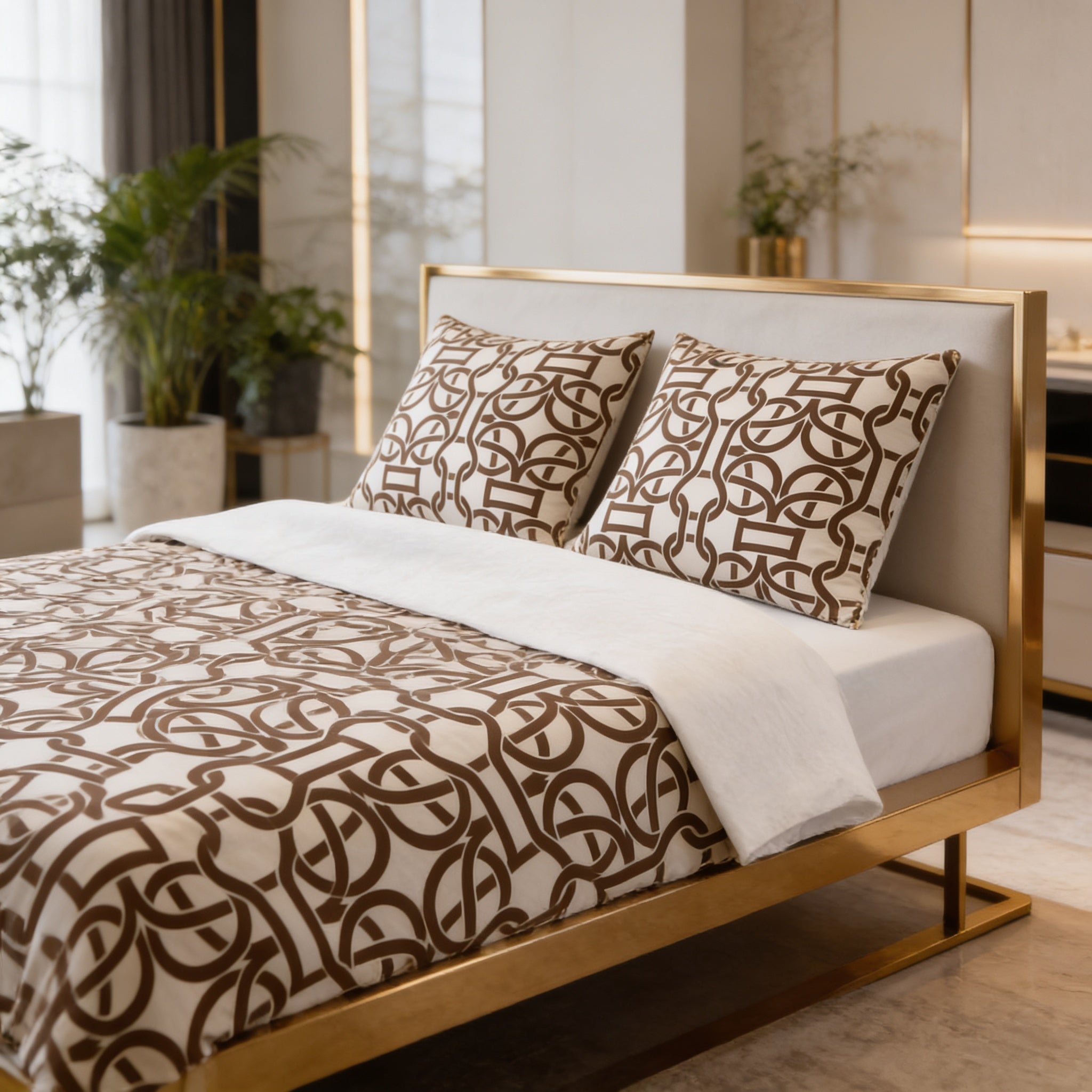 a modern bedroom with a gold-framed bed, a white comforter with a brown pattern, and two matching pillows. The room has a minimalist and elegant design, with a large window providing natural light and a few potted plants adding a touch of greenery.