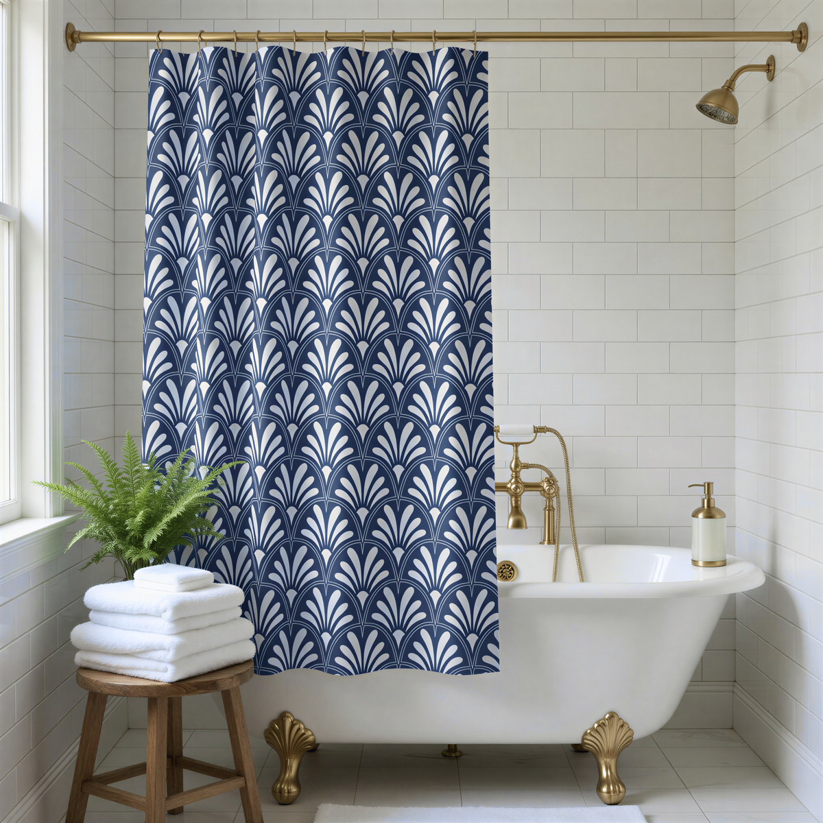 a bathroom with a white clawfoot bathtub, a blue and white patterned shower curtain, a wooden stool with a potted plant, and a gold faucet.