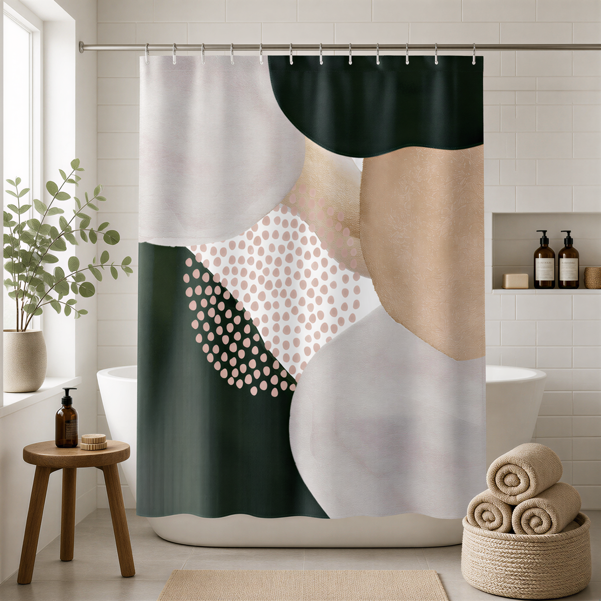 a bathroom with a shower curtain featuring abstract geometric patterns in shades of green, white, and beige. The shower curtain is hanging from a rod, and there are several bottles and a basket of towels placed nearby.