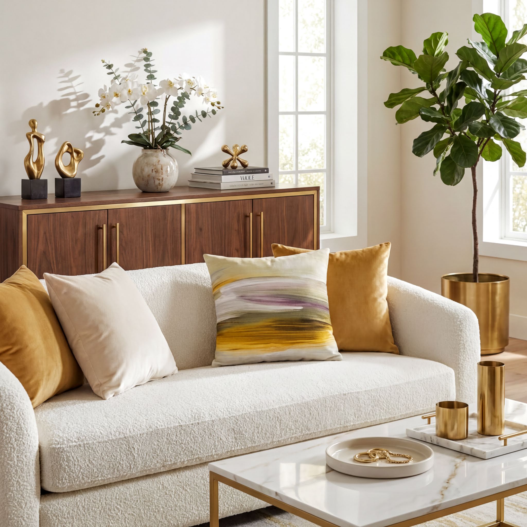 a well-decorated living room with a white sofa, gold accents, and various decorative elements such as a potted plant, books, and vases.