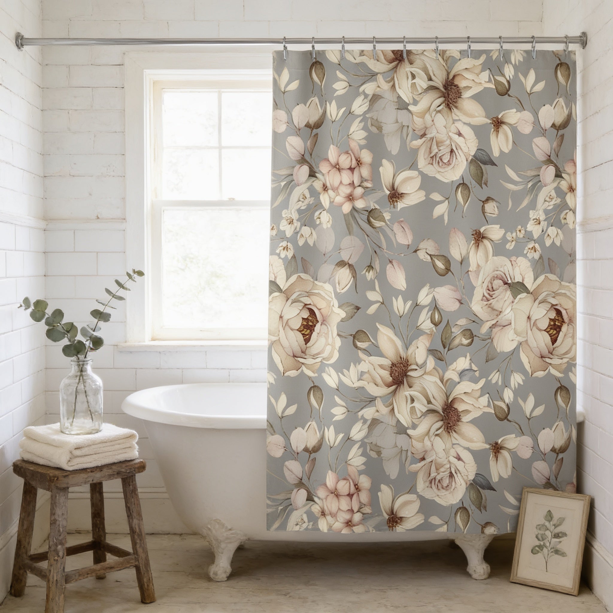 a bathroom with a white bathtub, a floral shower curtain, a wooden stool, and a vase of greenery.