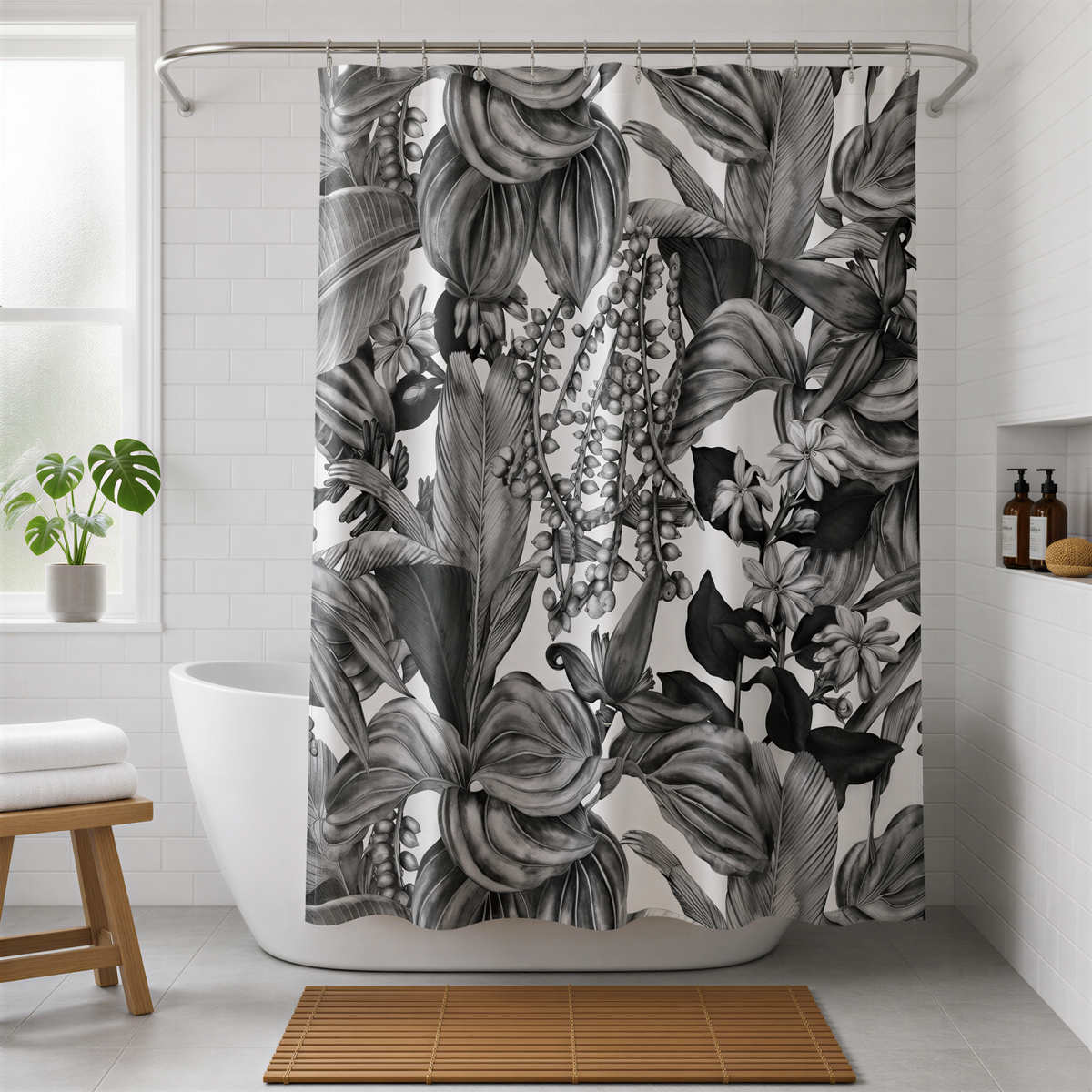 a bathroom with a white bathtub, a shower curtain with a black and white floral pattern, and a wooden bench.