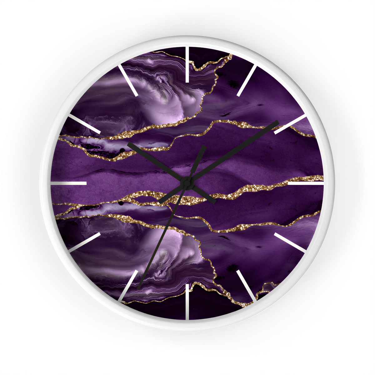 Marble Print Wood Wall Clock Purple Gold in a home office setting