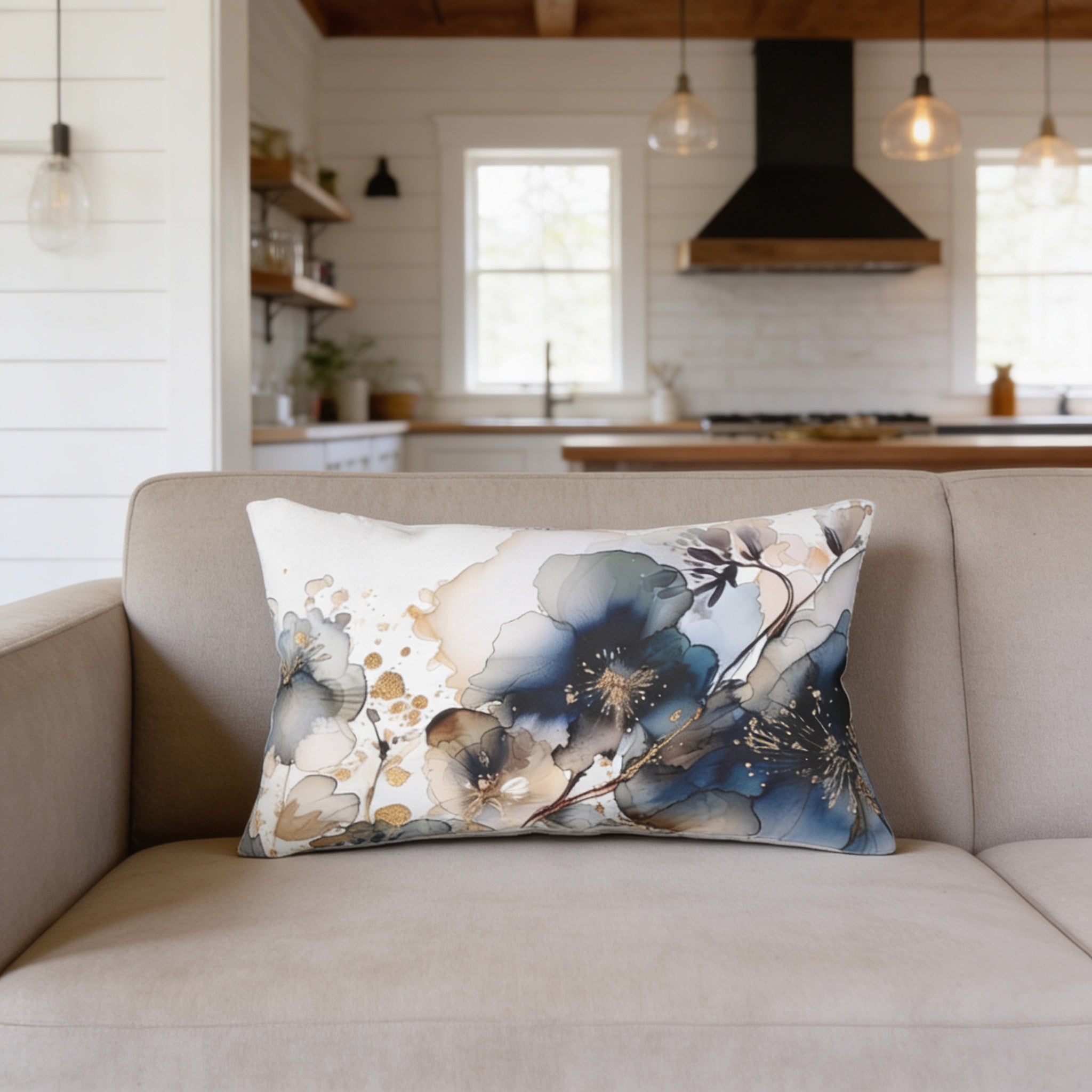 a beige couch with a decorative pillow featuring a floral design in shades of blue and gold. The pillow is placed on the couch, adding a touch of elegance to the living space.