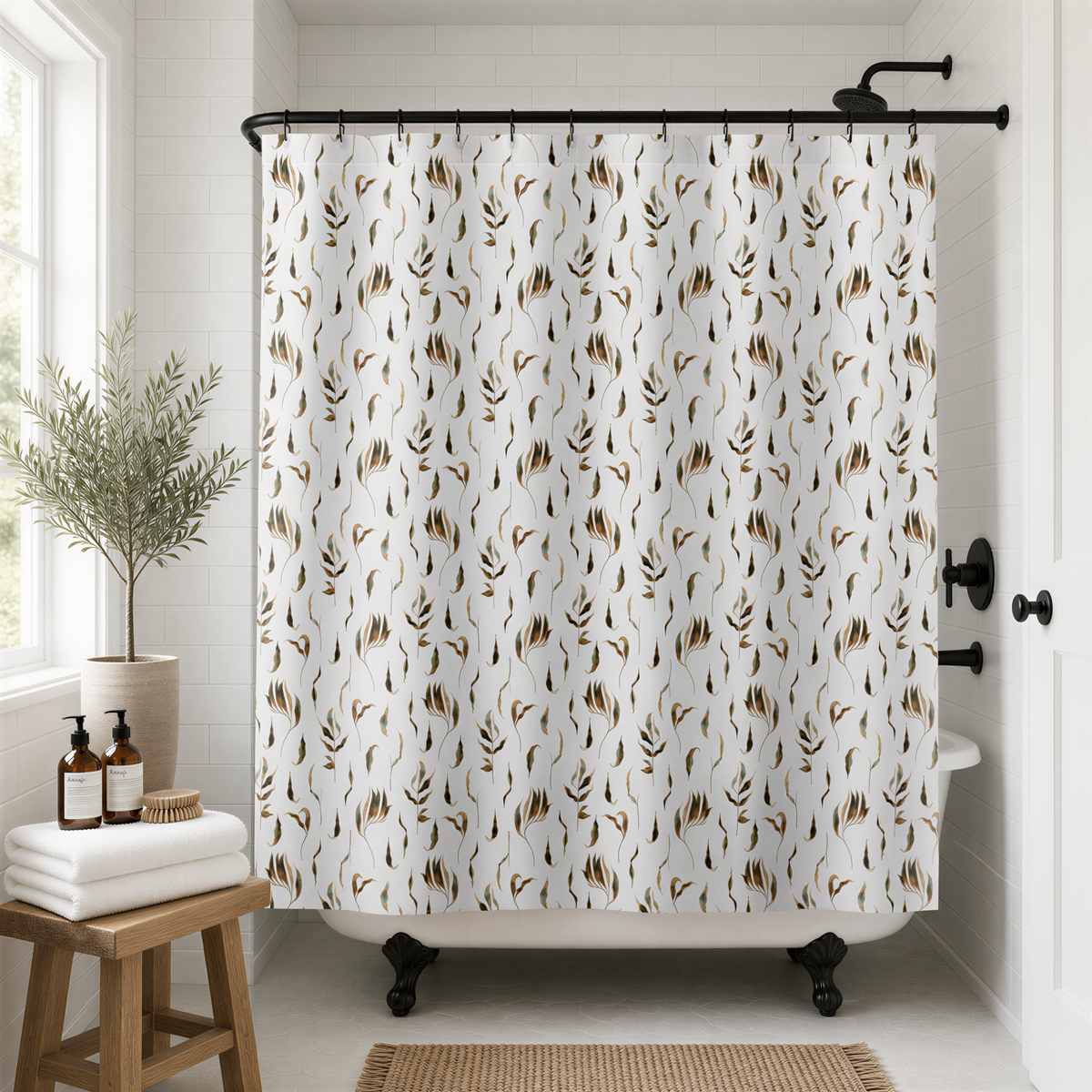 a bathroom with a white bathtub, a shower curtain with a leaf pattern, a wooden stool, and a potted plant.