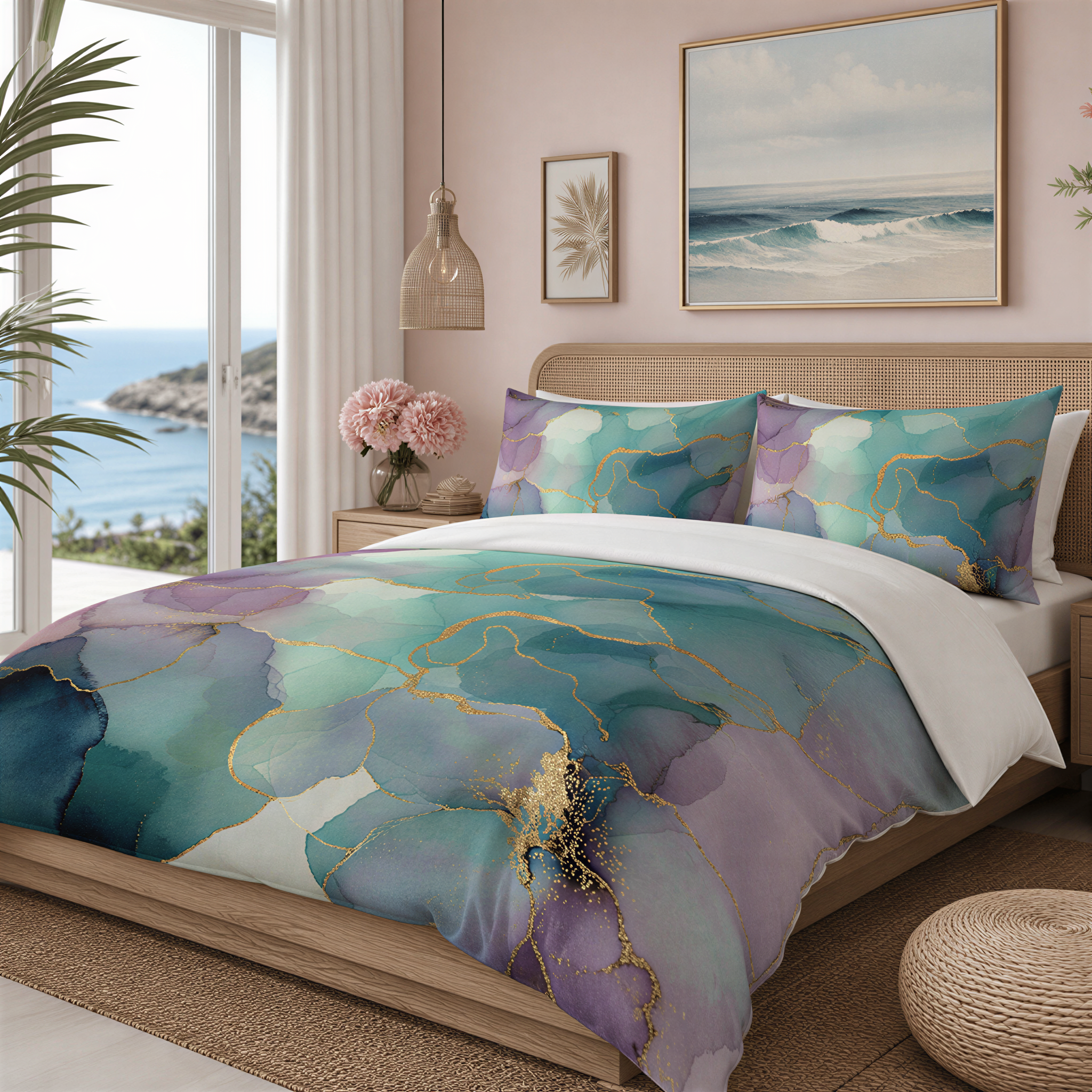 a bedroom with a large bed covered in a colorful, abstract duvet cover featuring a mix of blue, green, and purple hues. The bed is framed by a painting of a beach scene and a potted plant, creating a serene and coastal atmosphere. The room also includes a large window that offers a view of the ocean, adding to the overall ambiance of the space.
