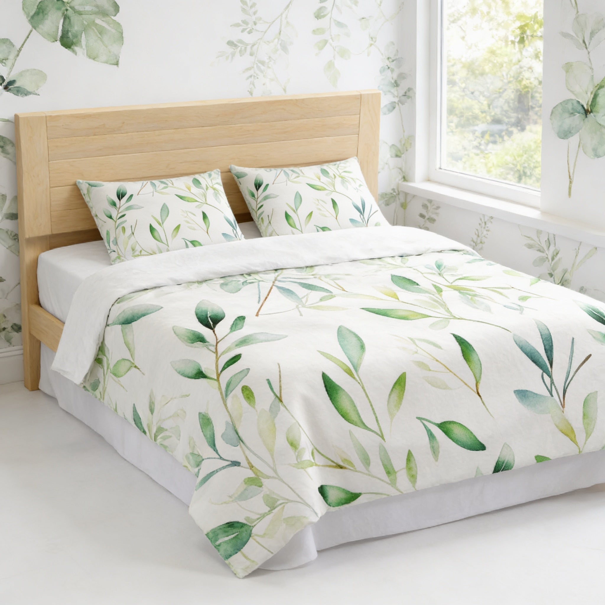 a bedroom with a bed covered in a white comforter with a leafy green pattern. The bed has a wooden headboard and two matching pillows. The room has a white color scheme and features a window that allows natural light to enter the space.