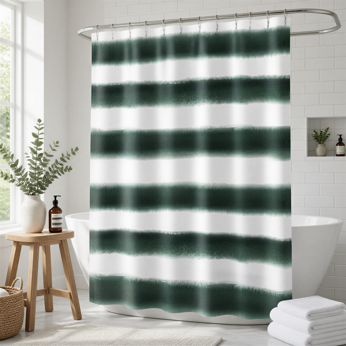 a bathroom with a green and white striped shower curtain, a wooden stool, a white bathtub, and a potted plant.