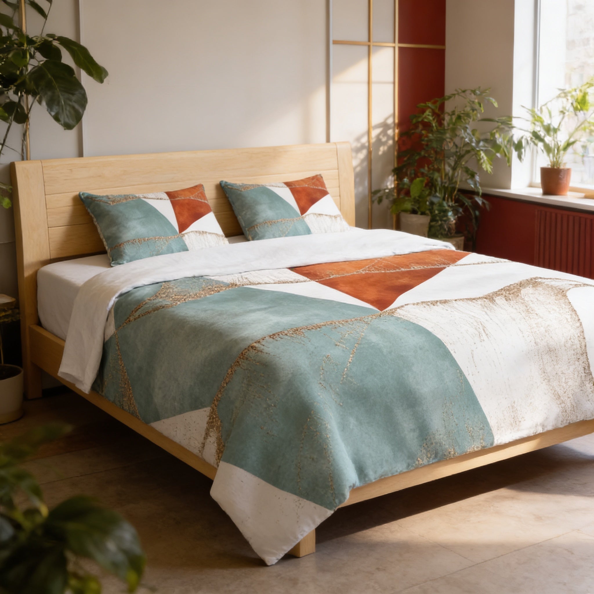 a modern bedroom with a wooden bed frame, a colorful geometric comforter, and several potted plants.