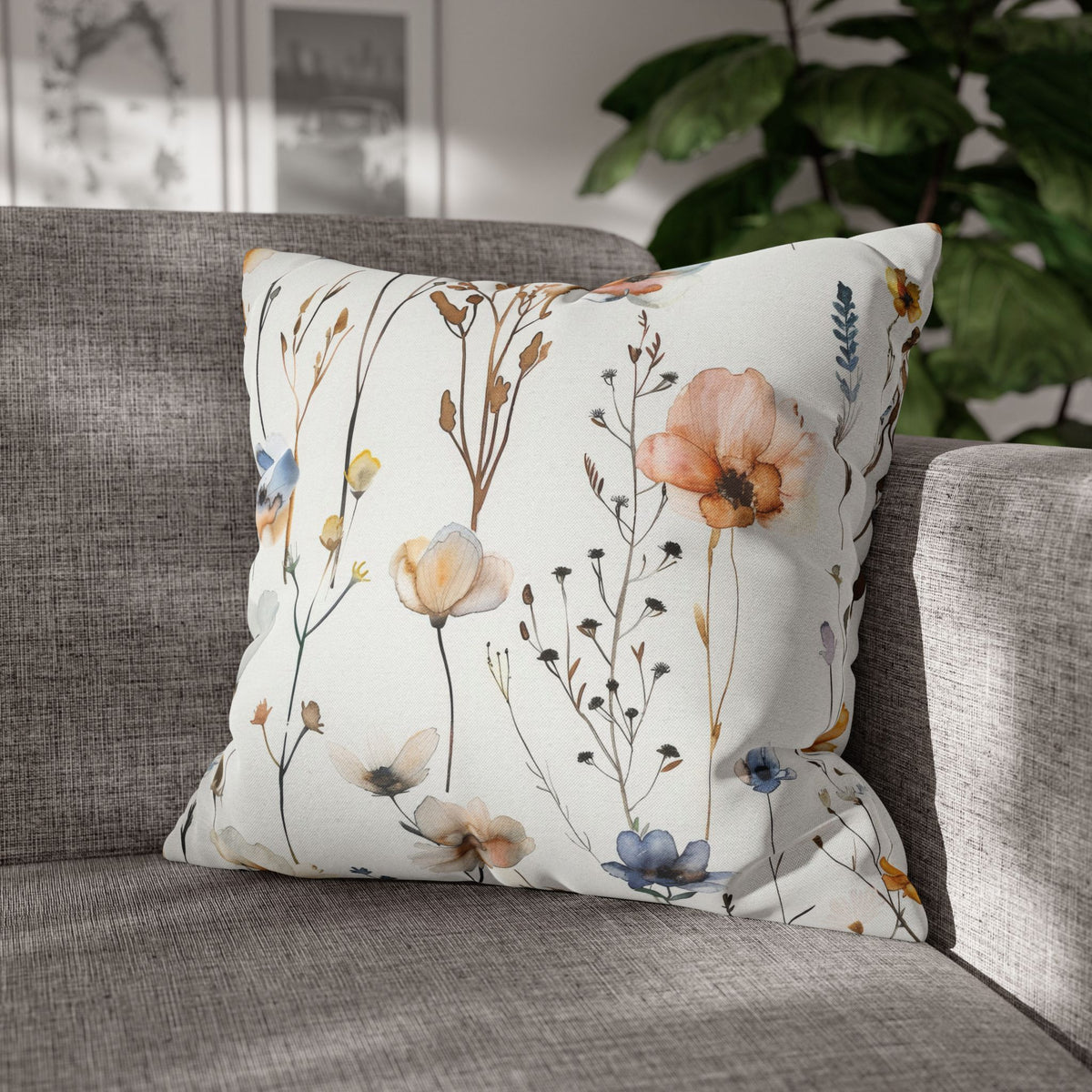 Ivory Poppy Meadow Pillow Cover | Peach Dusty Blue Floral