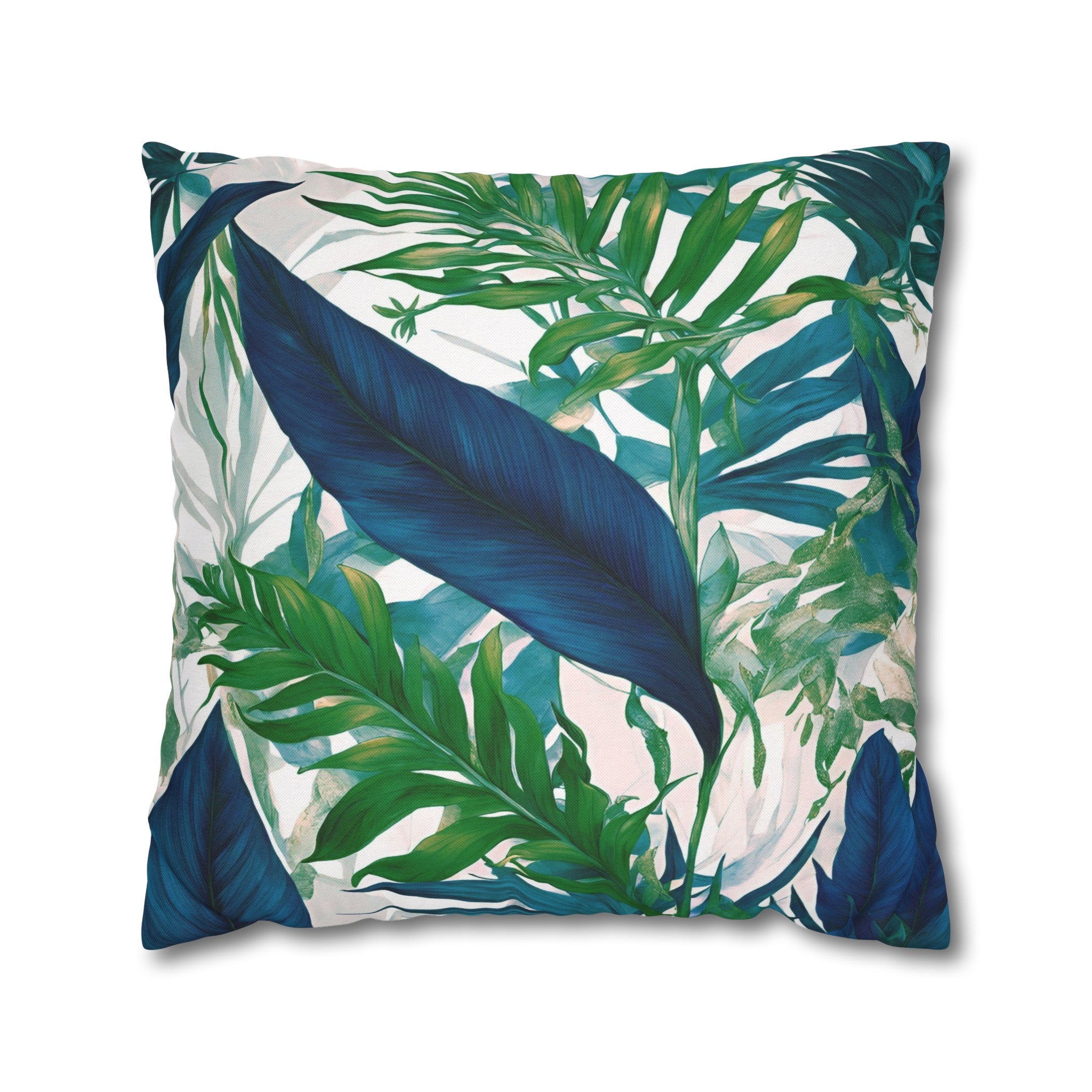 Tropical Floral Pillow Cover | Coastal Indigo Blue, Emerald Green
