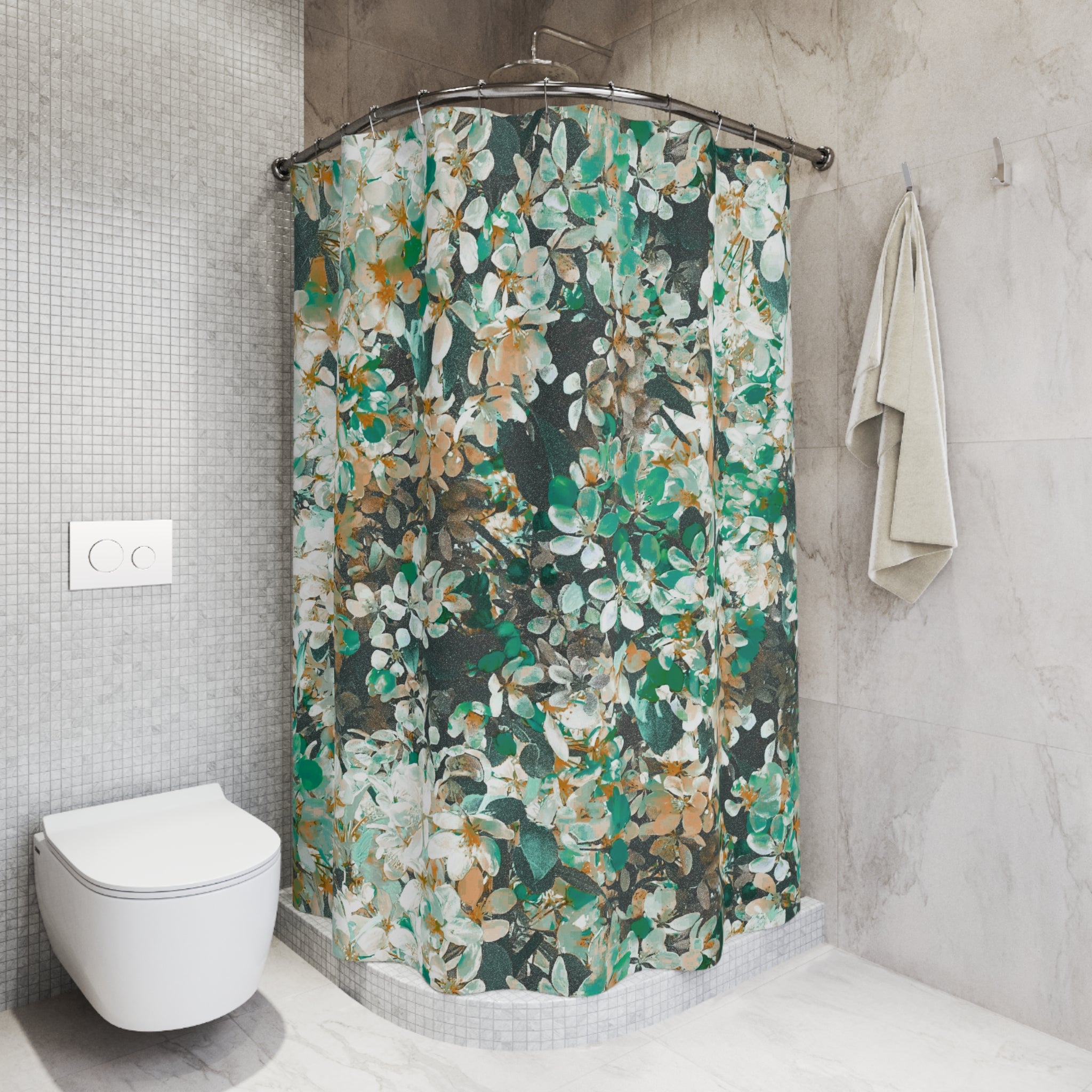 Floral Shower Curtain | Green White Beige Bathroom Decor