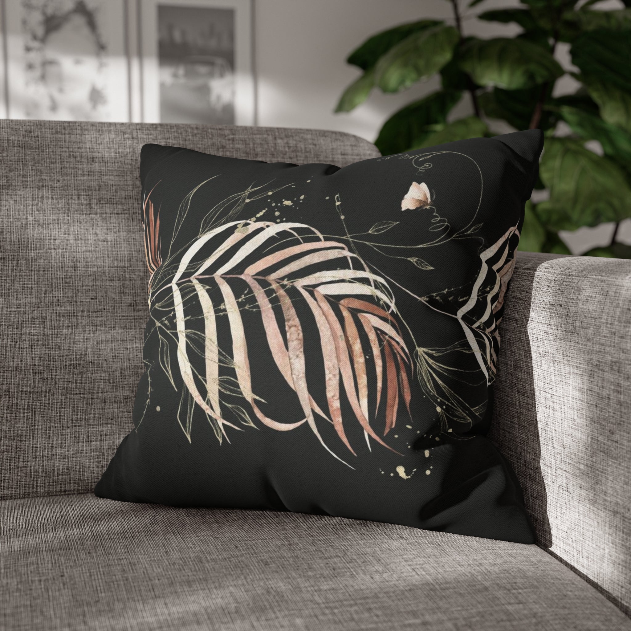 Black Floral Pillow Cover | Beige Leaves