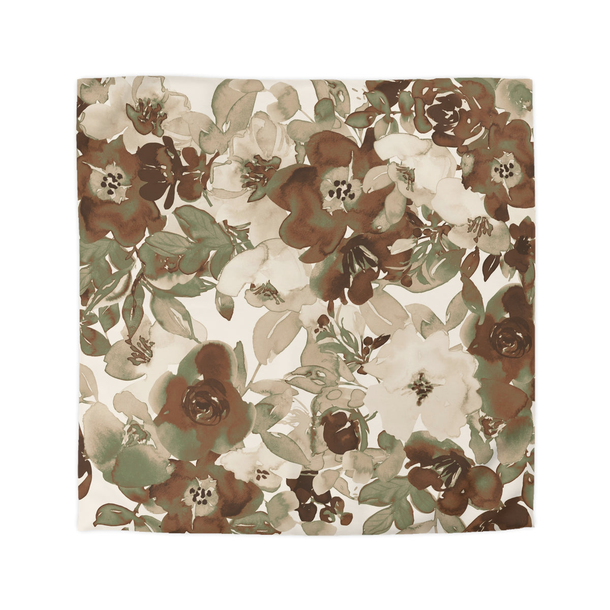 a square-shaped floral pattern with a variety of brown, green, and white flowers and leaves.