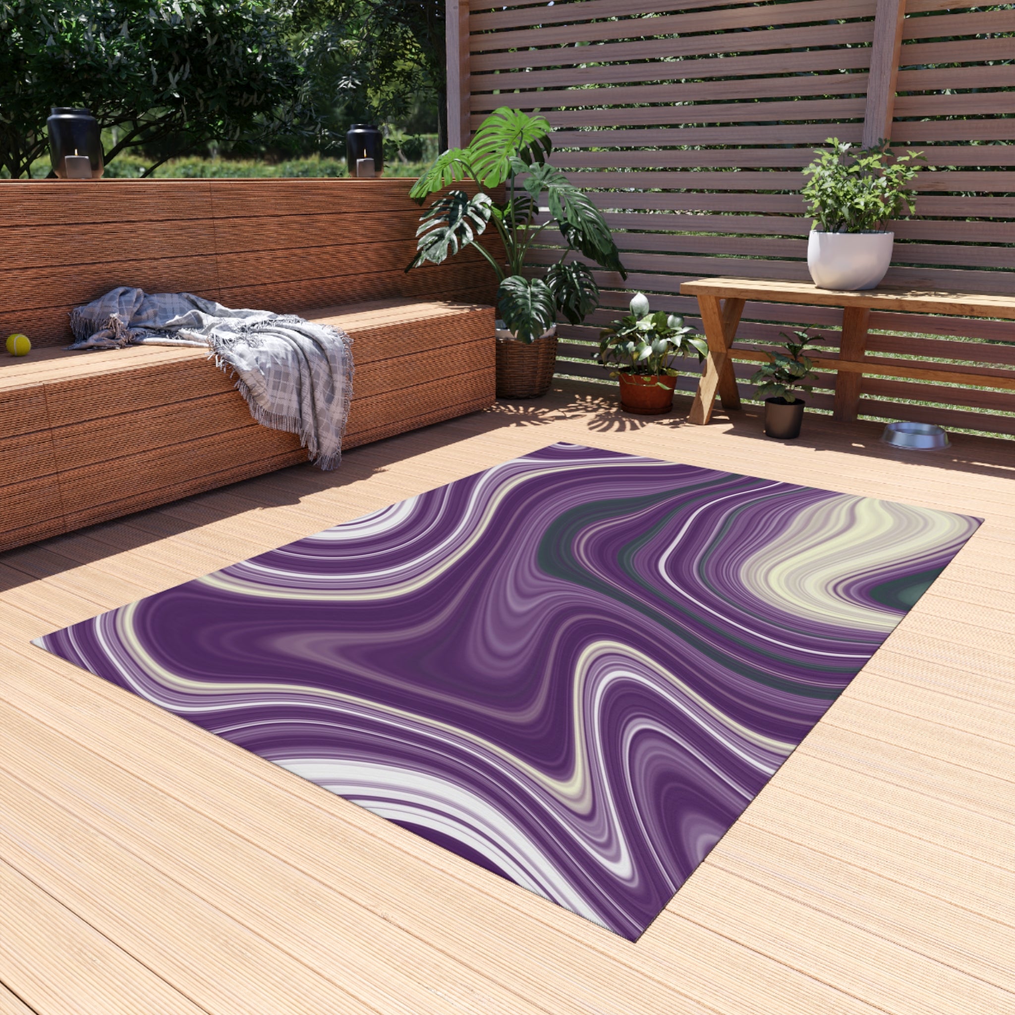 Abstract Outdoor Rug | Colorful Purple Green White Marble