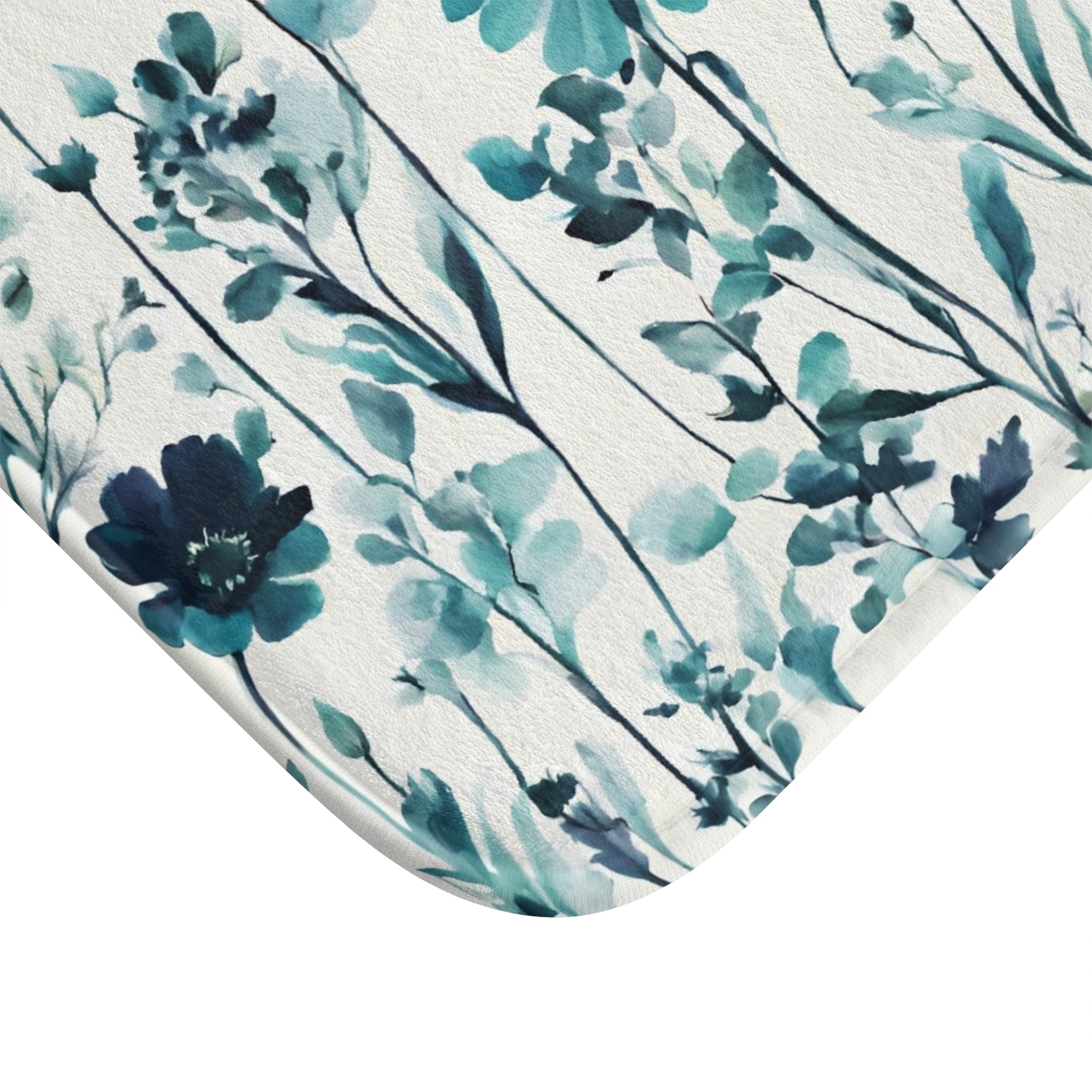 Floral Bath Mat, Kitchen Mat | Teal Green, Blue Wildflowers