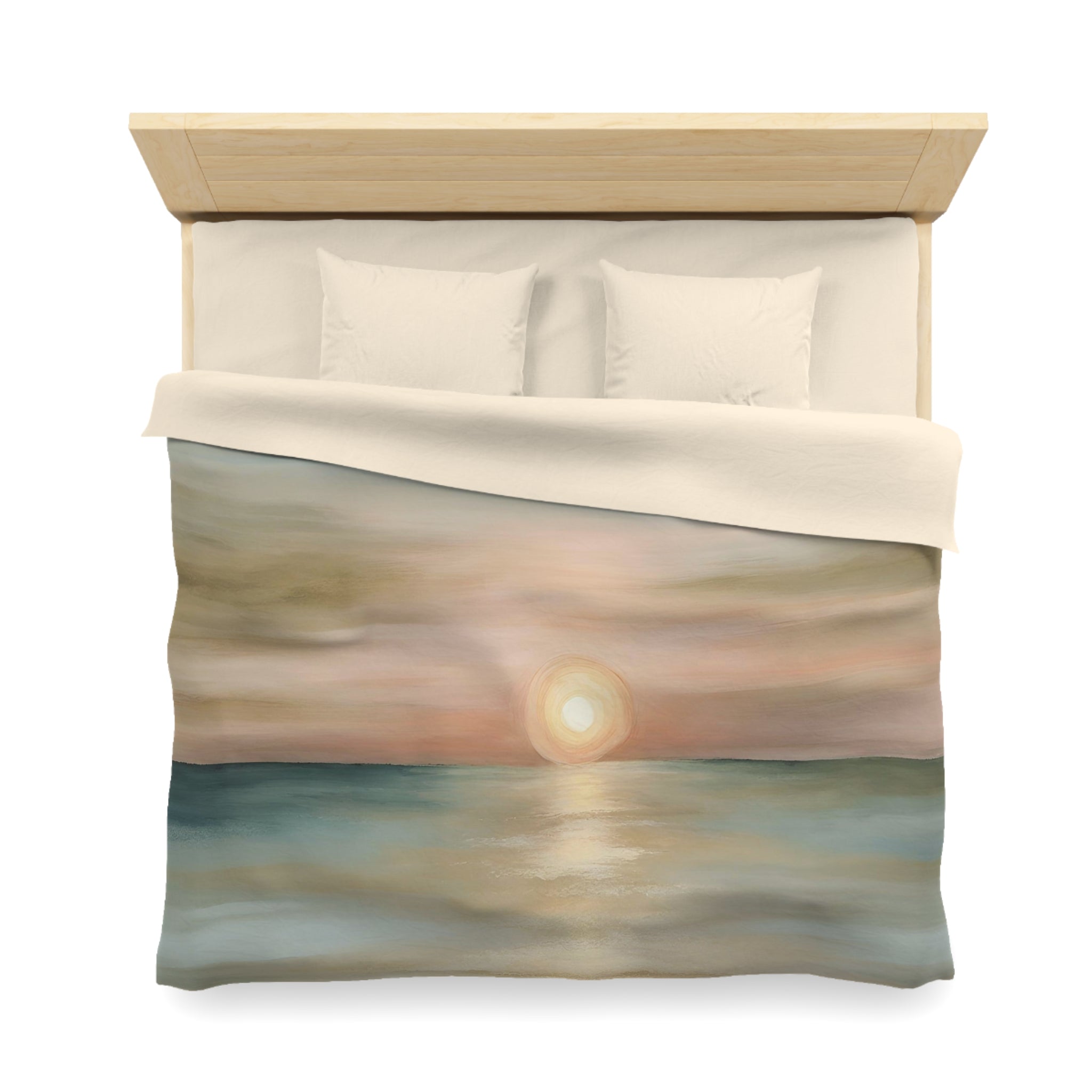 Abstract Sunset Duvet Pillow Cover Set | Beige Sun, Teal Green Blue, Blush Pink