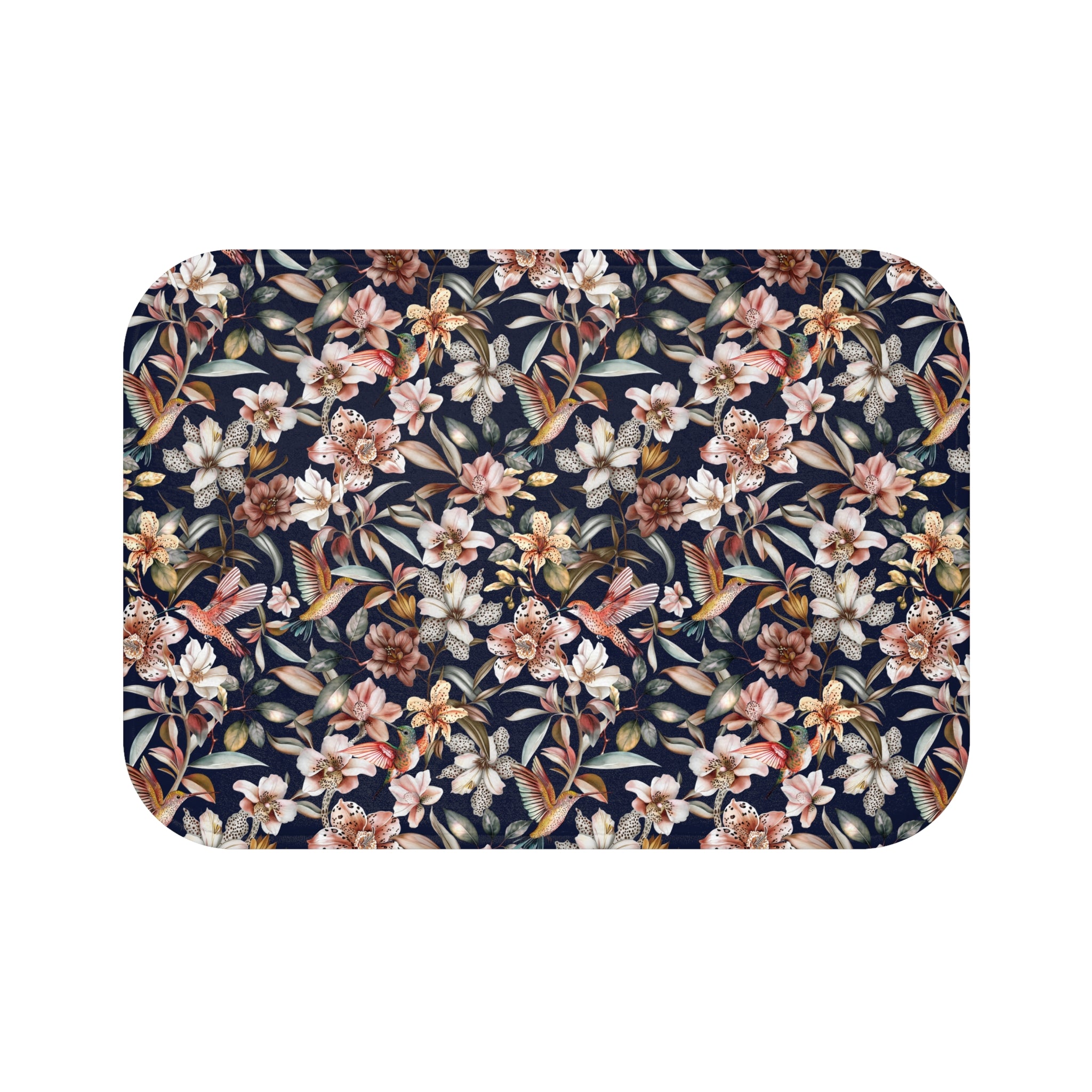 Exotic Tropical Bath Mat | Black Pink White Birds Nature Kitchen Mat
