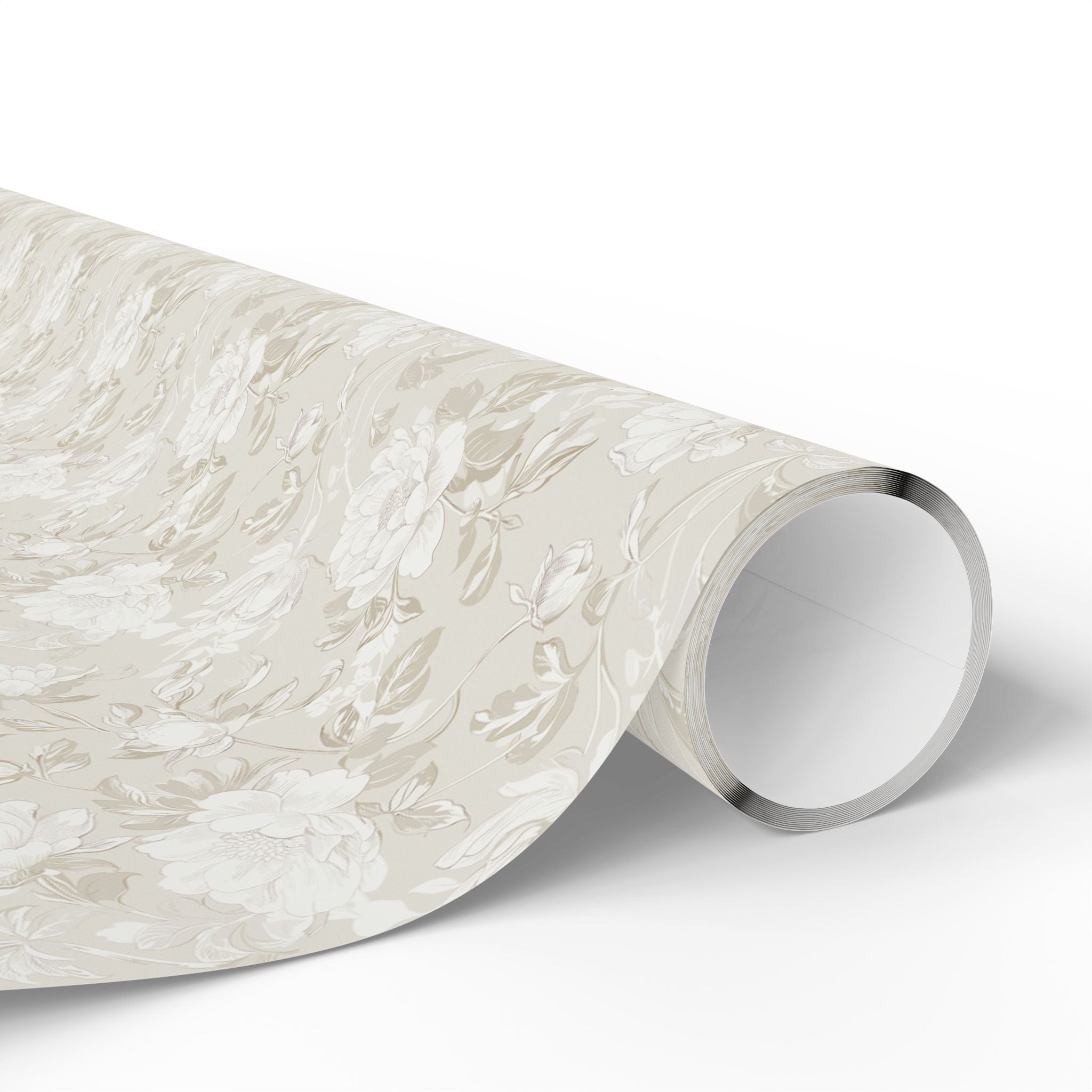 A roll of beige floral patterned wrapping paper is shown in the image.