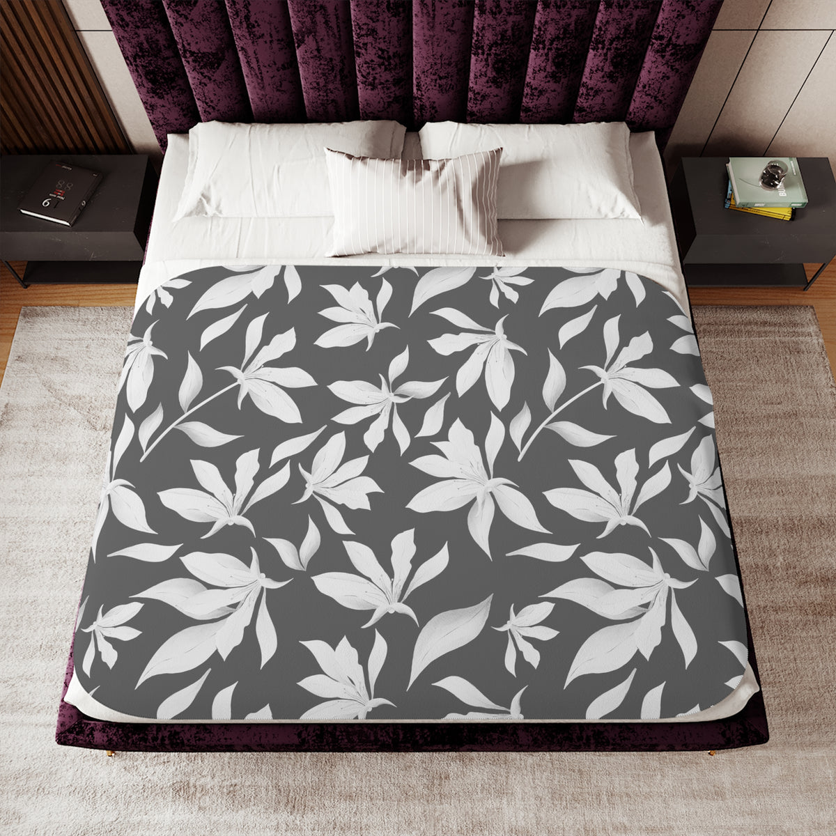 Charcoal Gray White Lily Sherpa Blanket | Modern Floral Throw