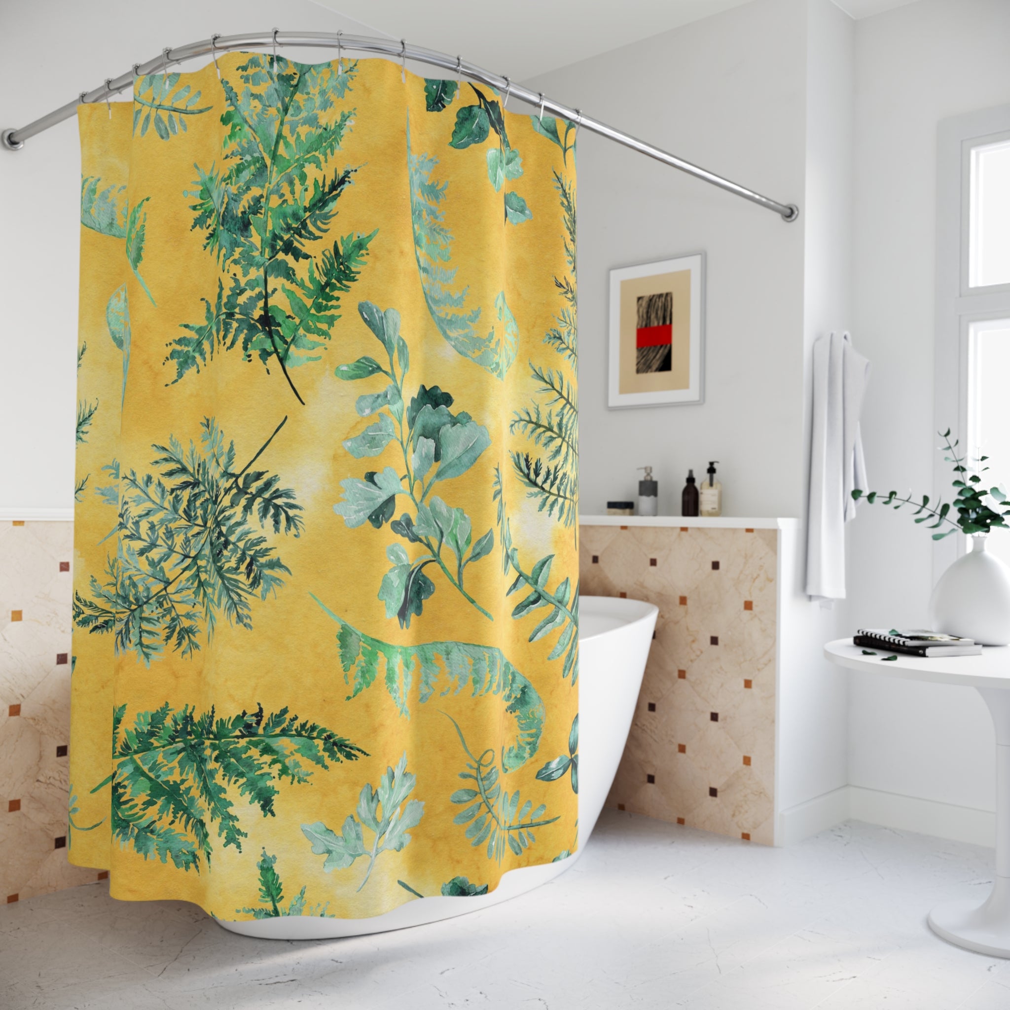 Boho Shower Curtain | Yellow Green, Herbal Leaves Watercolor