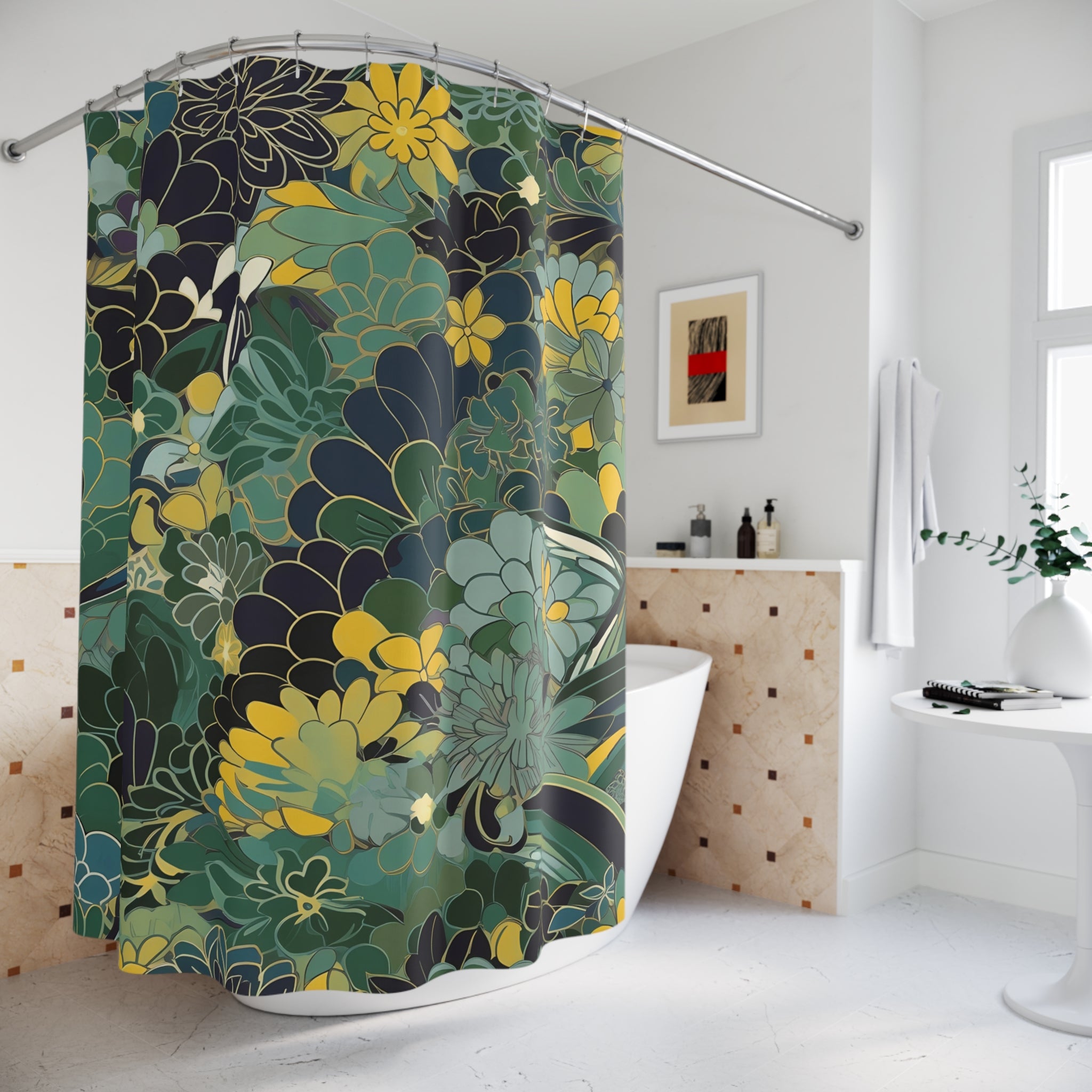 Abstract Floral Shower Curtain | Moody Colorful Fabric Curtain