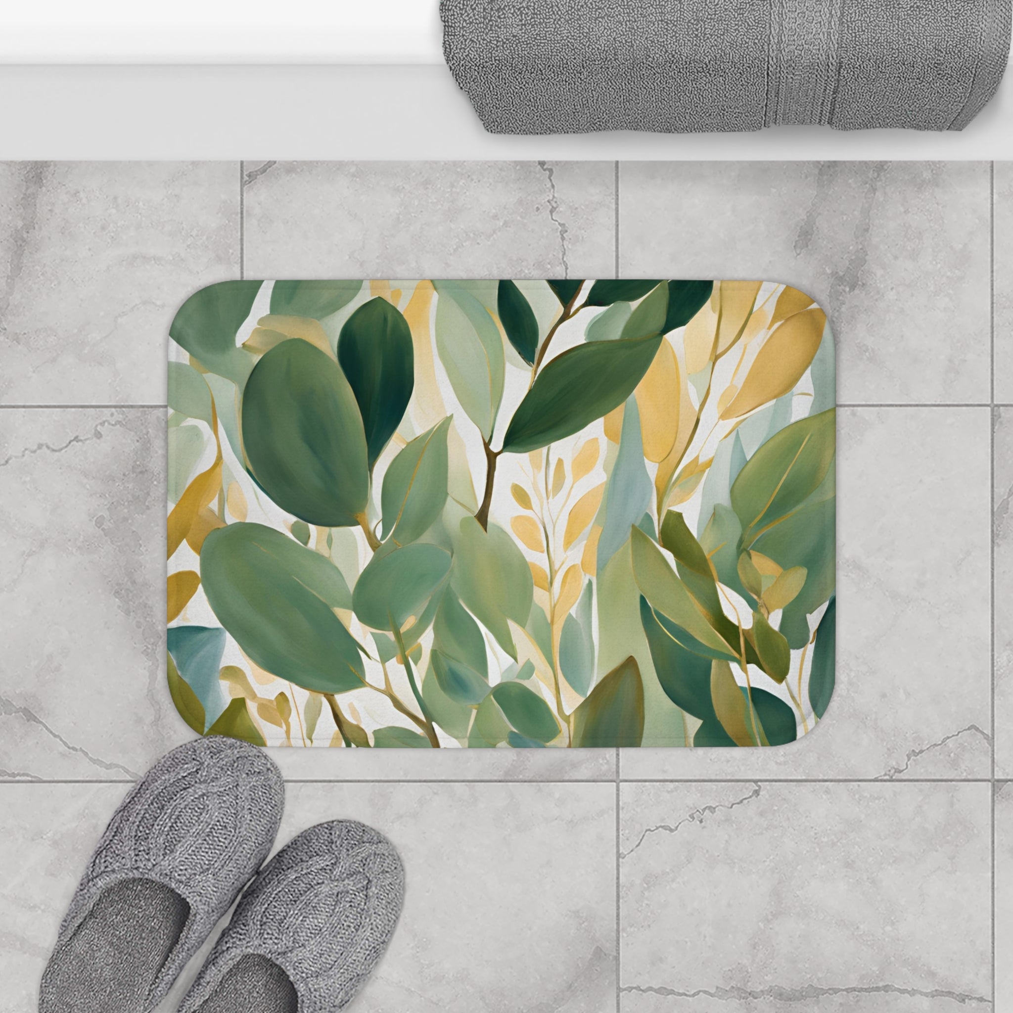 Boho Abstract Bath Mat | Sage Teal Green, Beige Leaves, Tropical Kitchen Mat