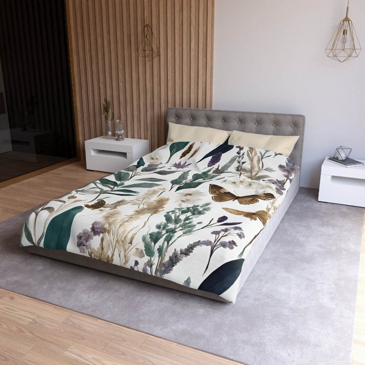a modern bedroom with a large bed covered in a floral print comforter. The bed is positioned against a wall with a wooden panel design. The room also features a nightstand on each side of the bed, and a pendant light hanging above the bed.