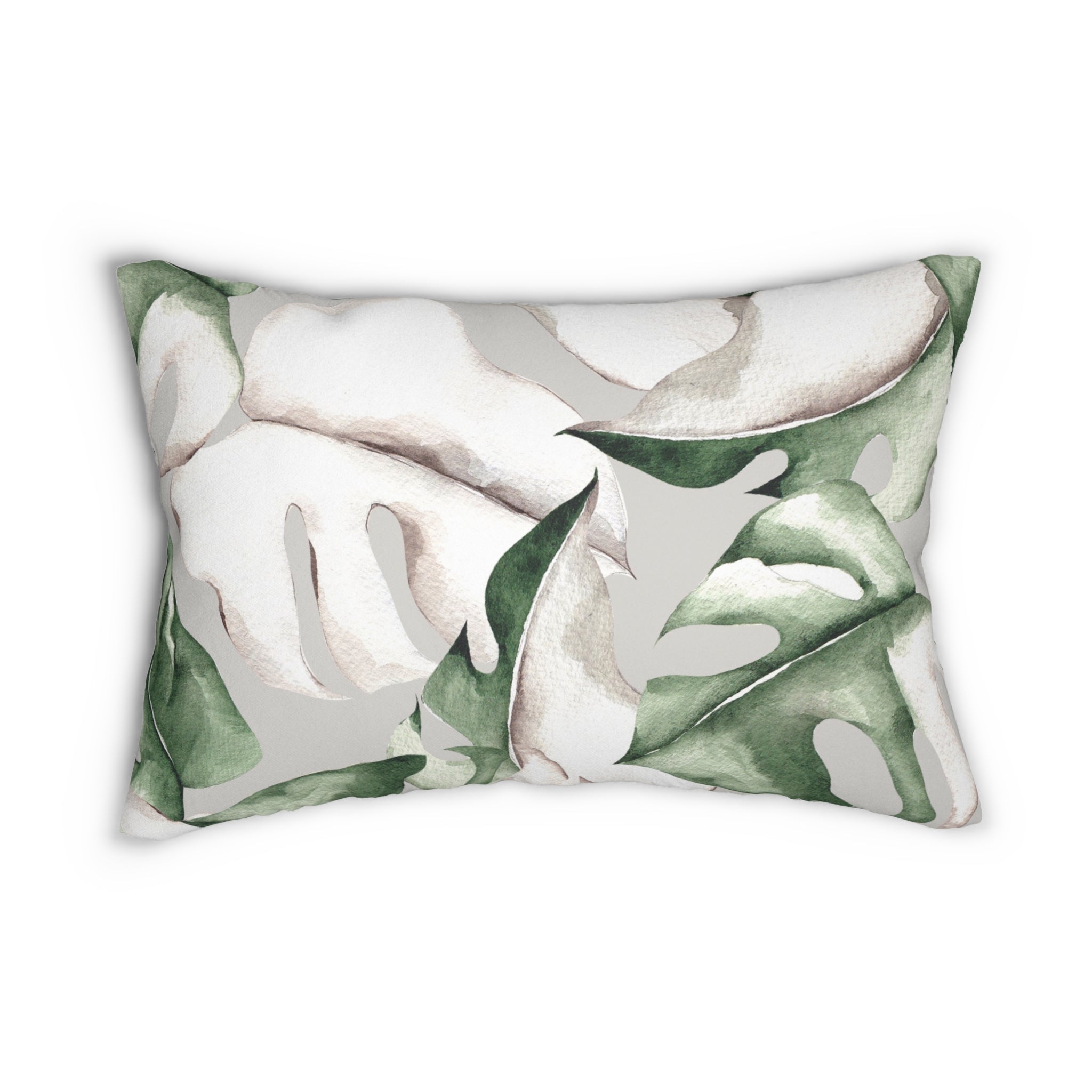 Floral Lumbar Pillow | Grey White Sage Gree Monstera Leaves