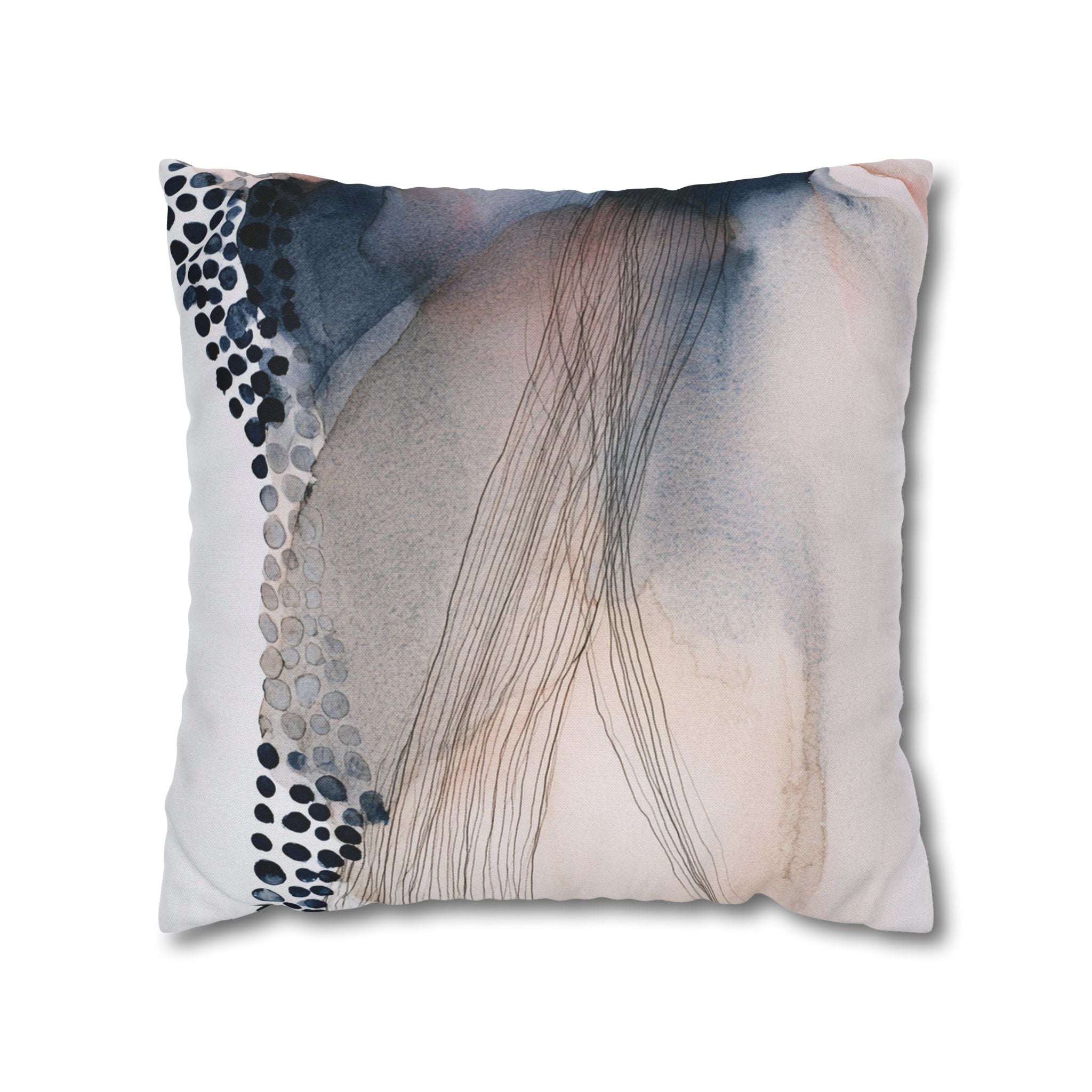 a square pillow with an abstract watercolor-style design.