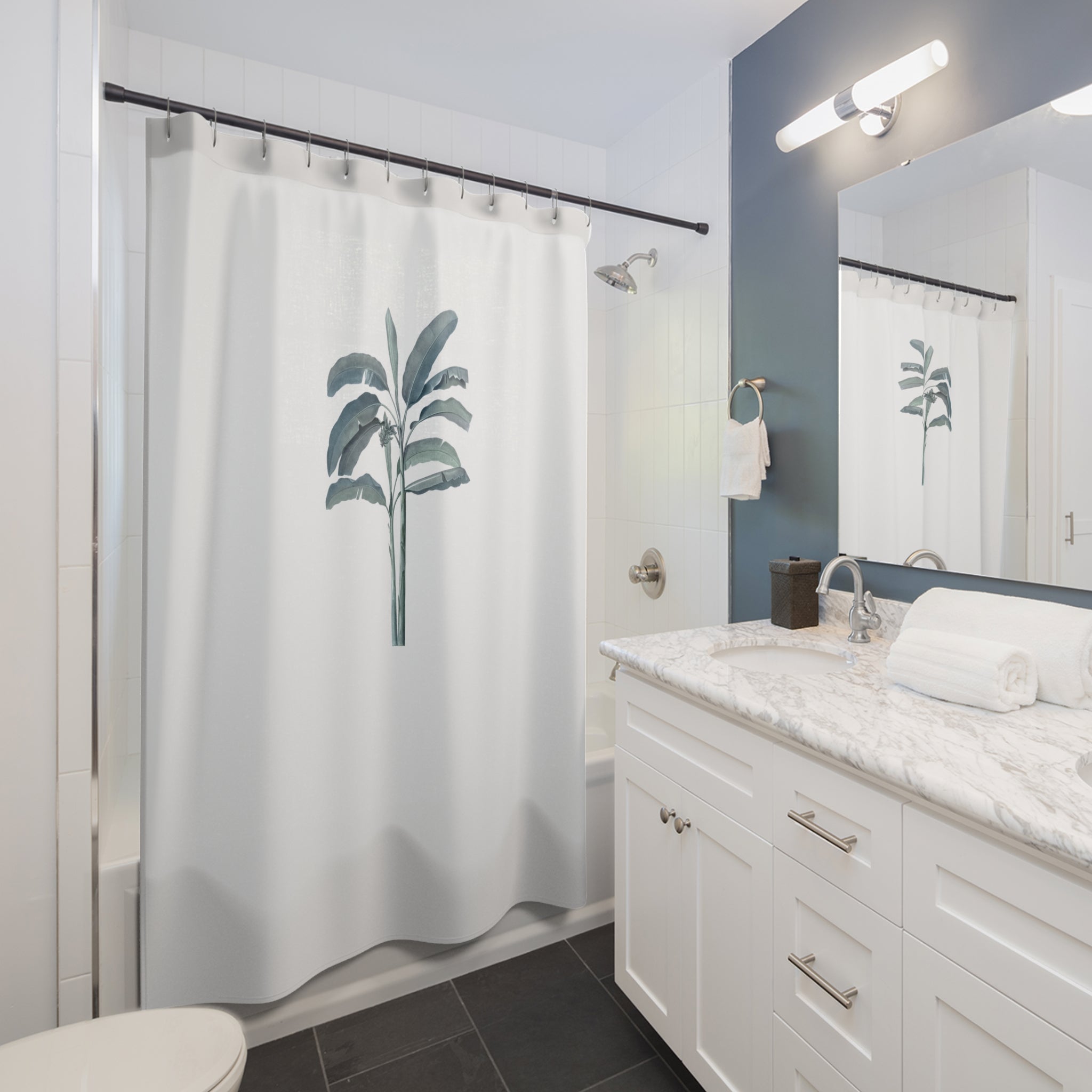 Boho Shower Curtain | White Blue Banana Leaves Jungle Fabric Curtain