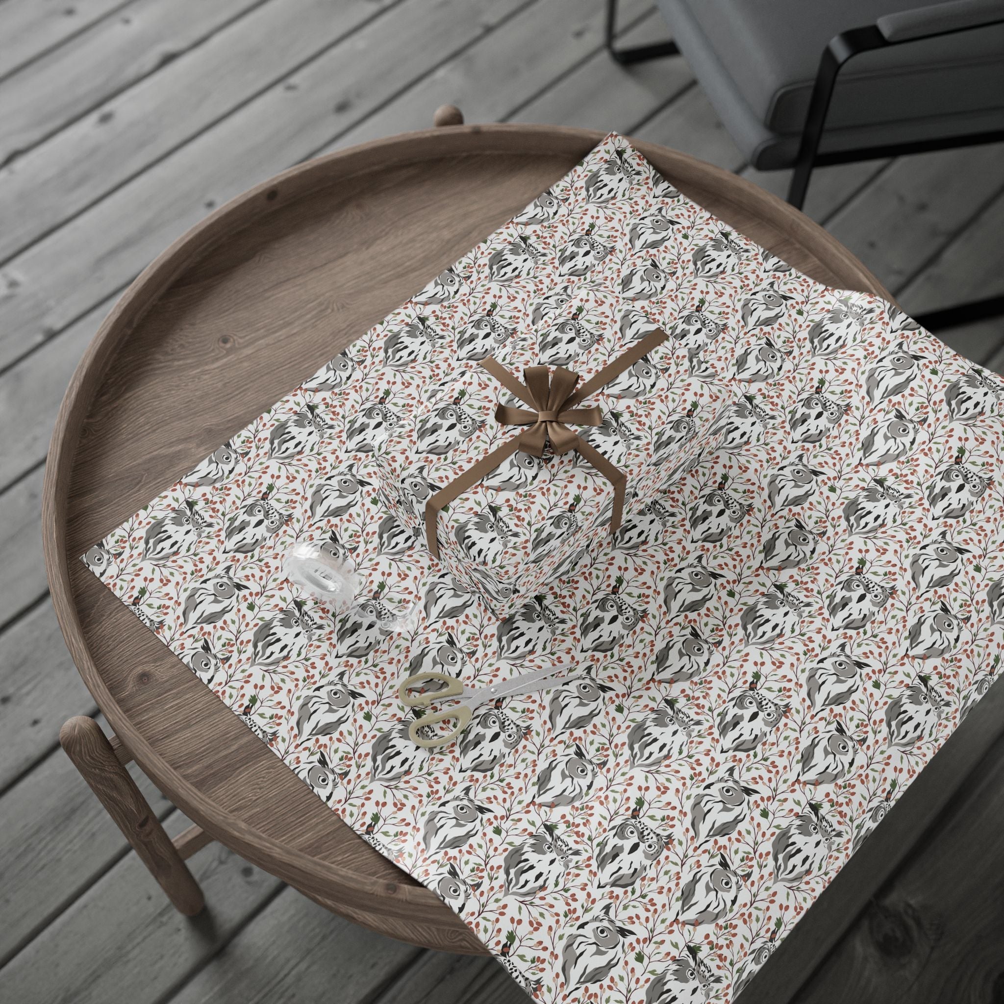 Abstract Owl Gift Wrapping Paper | White Rust Grey Wrap for the Holidays, Birthdays