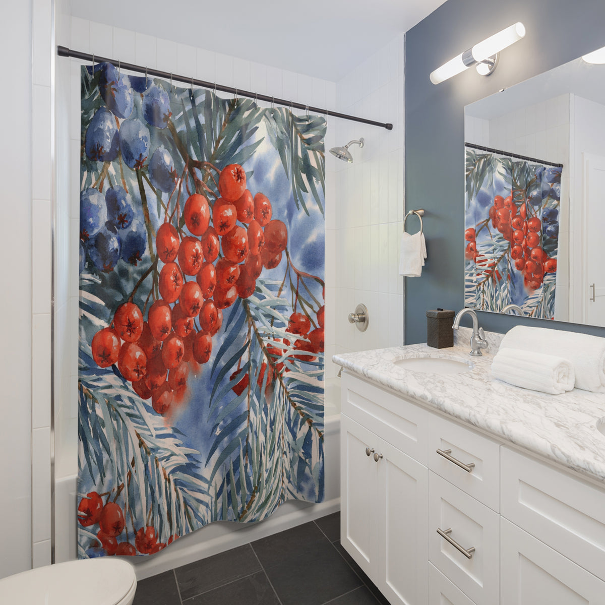 Red Rowan Berry Watercolor Shower Curtain, Bath Curtain 71x74