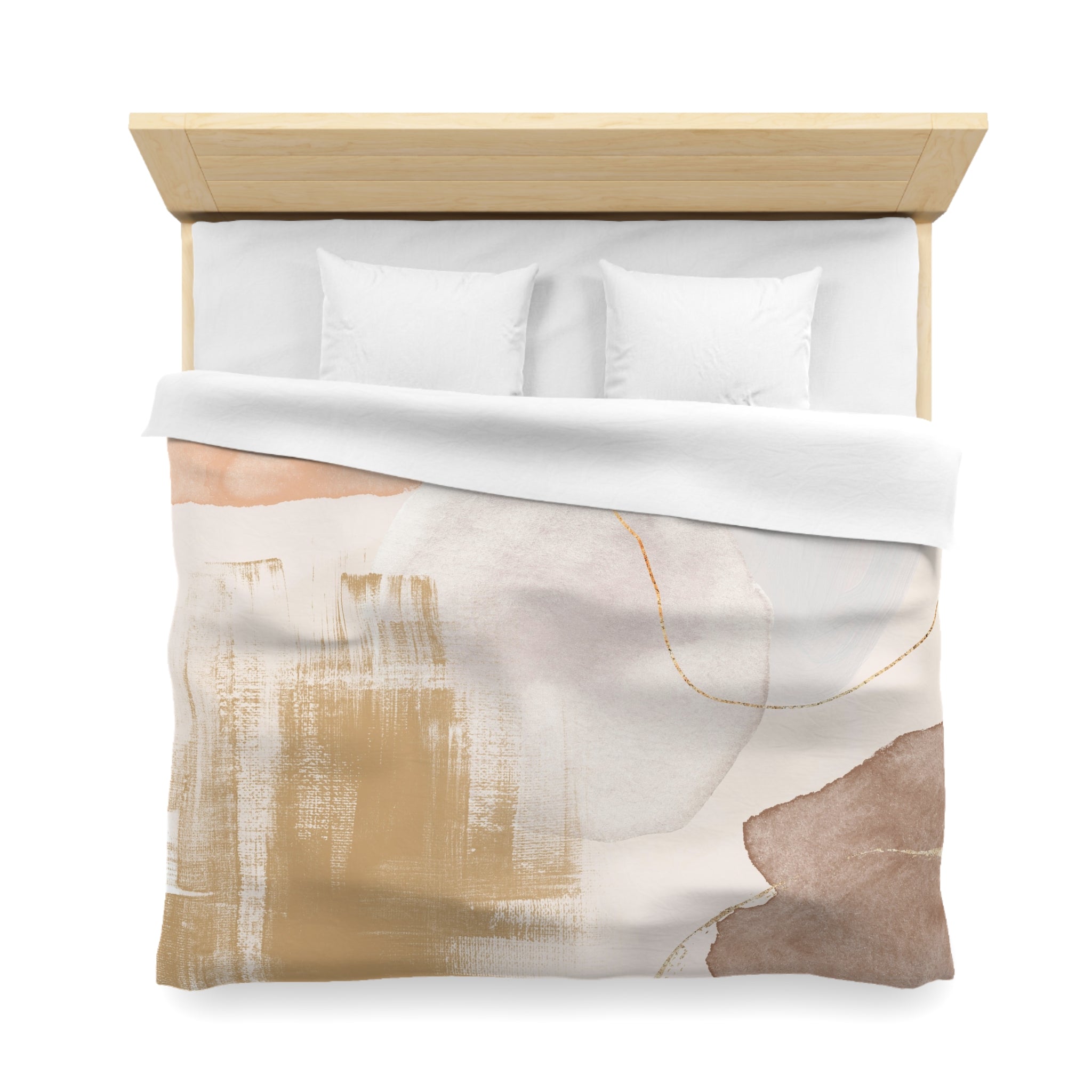 a neatly made bed with a white comforter and a colorful abstract pattern on the bedspread.