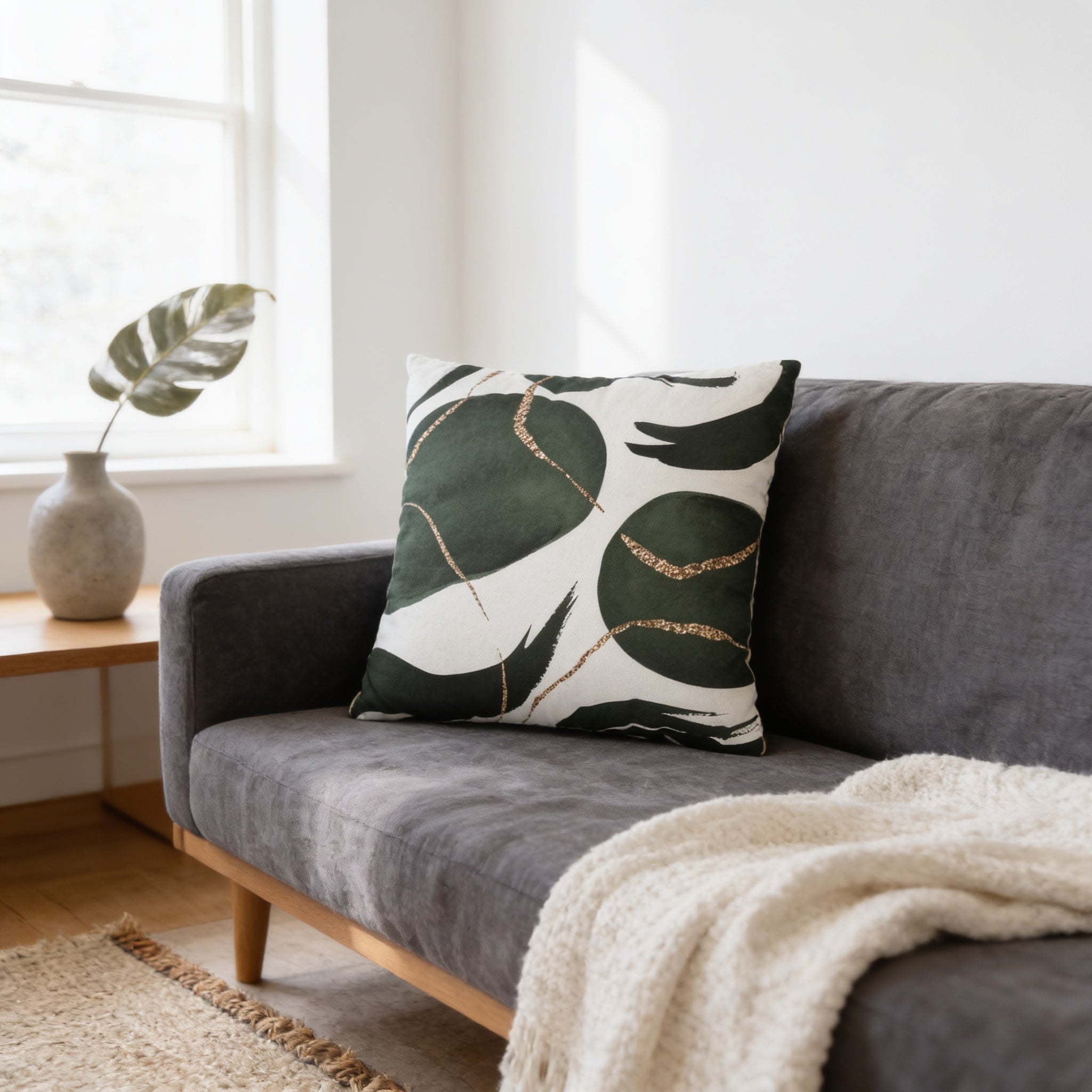 a gray sofa with a green and white throw pillow, a white blanket, and a vase with a plant on a wooden side table.