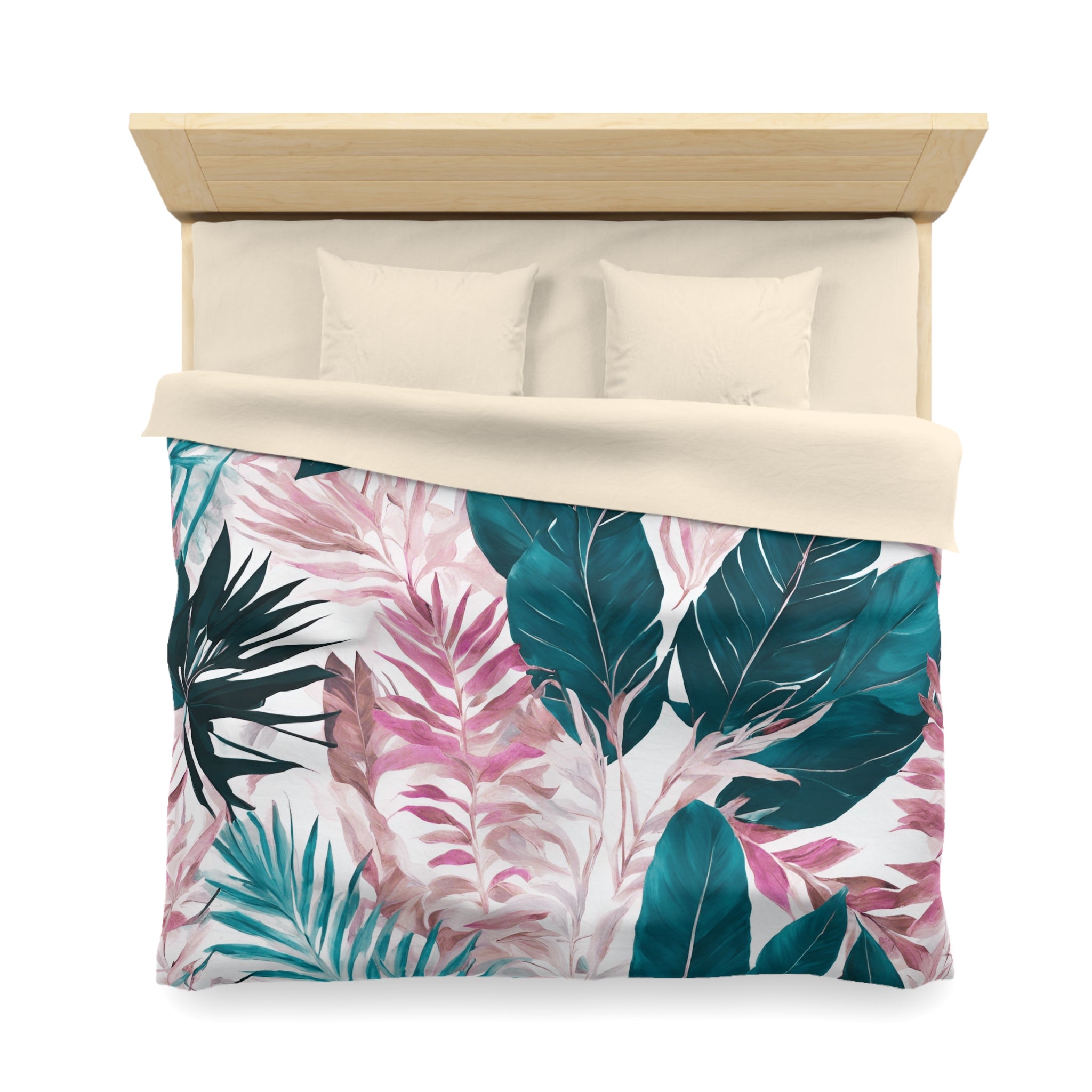 Floral Duvet Cover | Pink, Teal Tropical Jungle Leaves Bedding Decor | Bedroom Decor