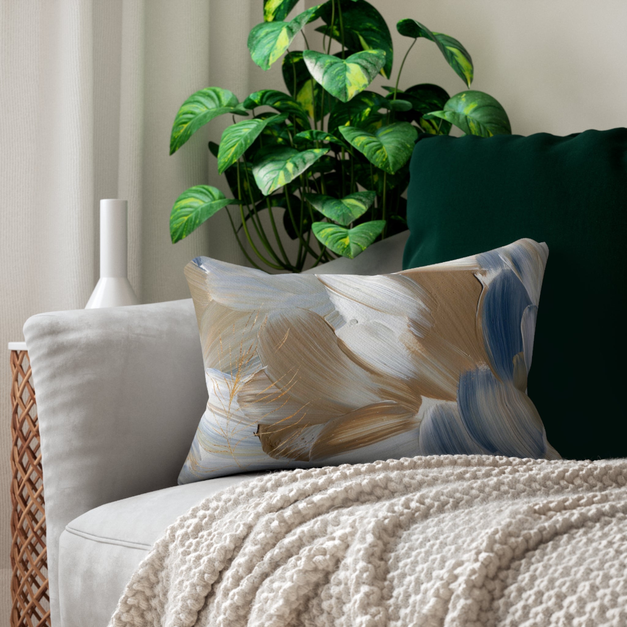 Abstract Lumbar Pillow | Brown Beige, Blue, White Paint Print