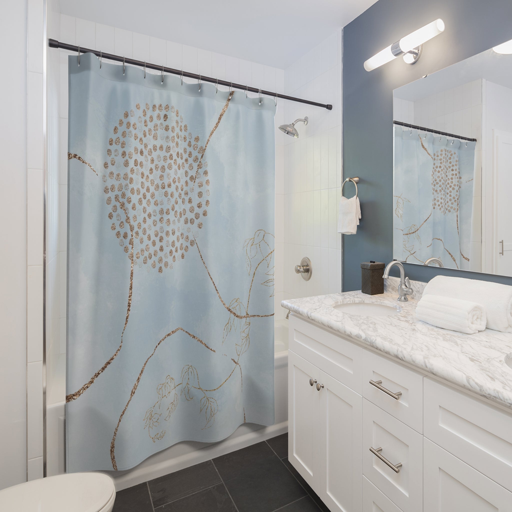 Boho Shower Curtain | Abstract Powder Pale Blue, Beige