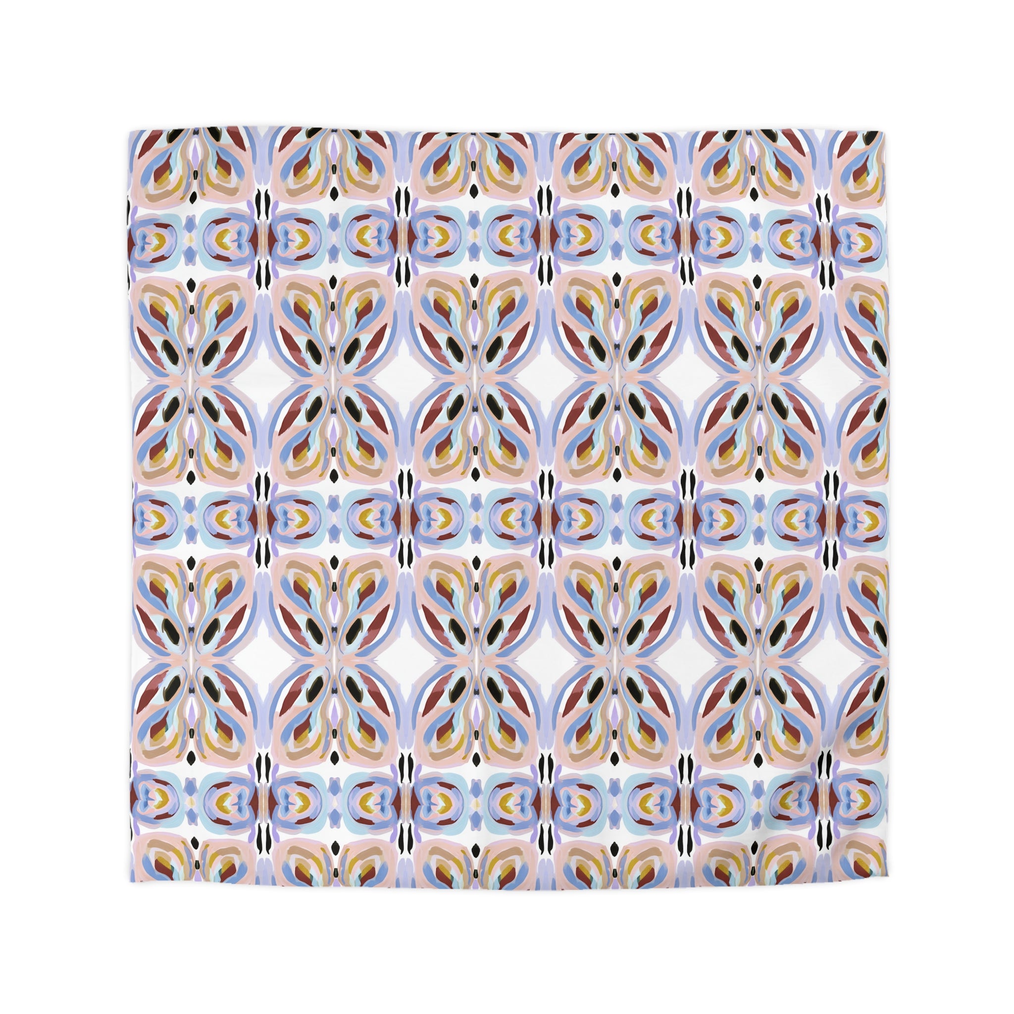 a repeating pattern of colorful, abstract shapes and designs on a white background.