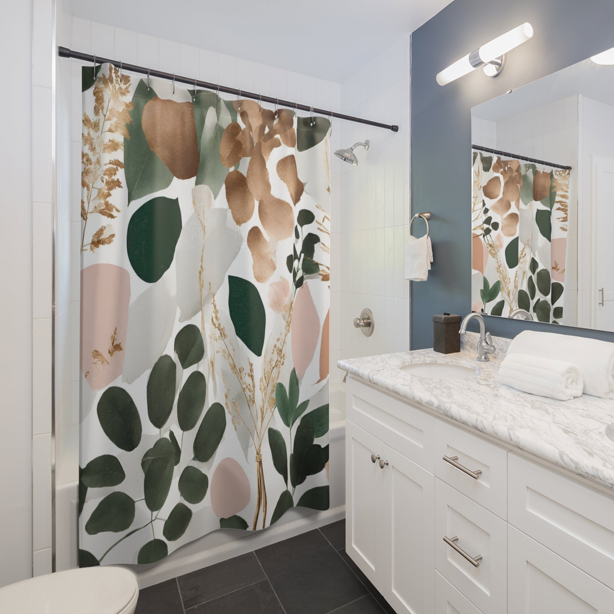 Boho Floral Shower Curtain | Colorful Emerald Green, Pink White Eucalyptus Leaves