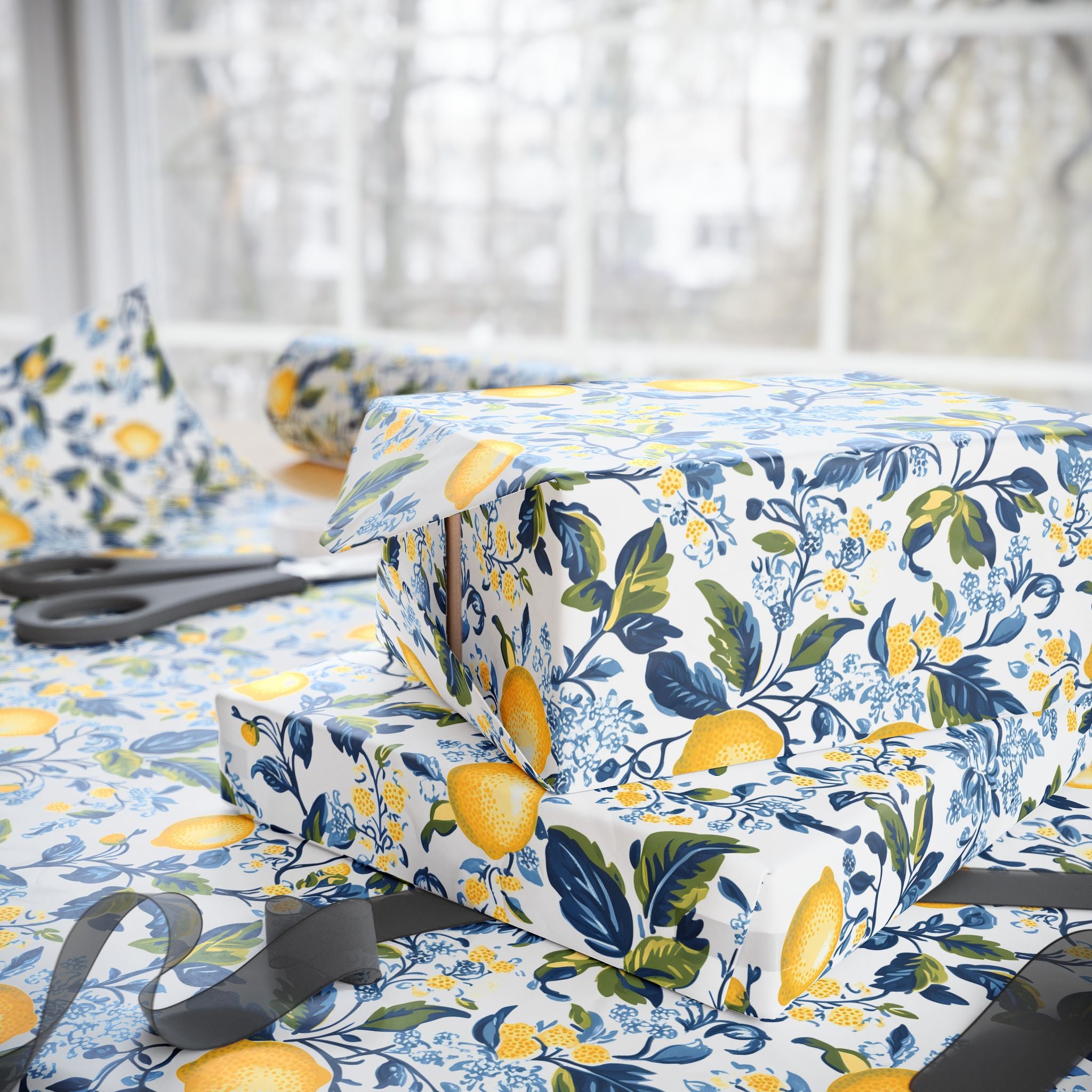 Lemon Wrapping Paper | Mediterranean Floral Gift Wrap for the Holidays, Birthdays