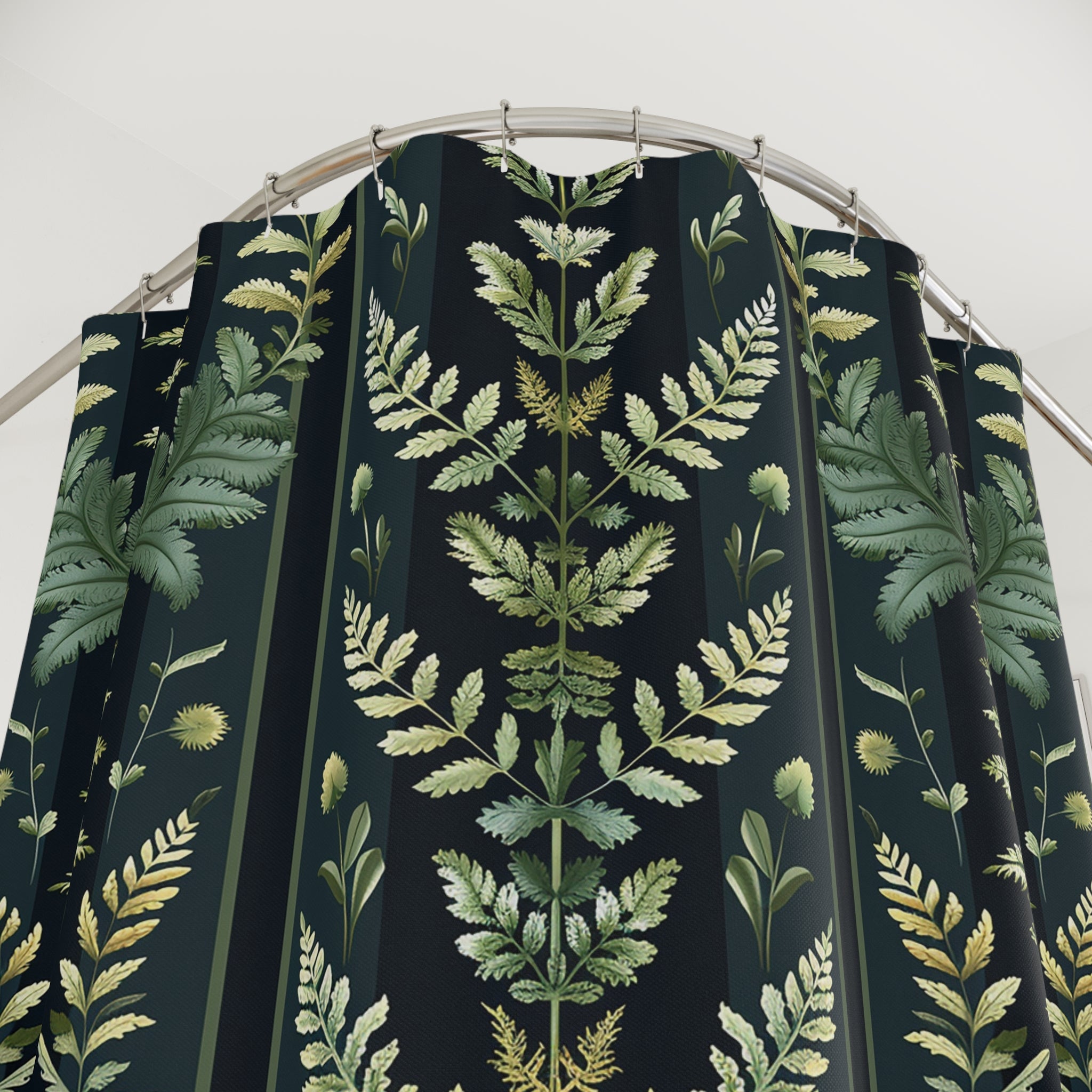 Herbarium Vintage Shower Curtain | Navy Blue Sage Green Plants