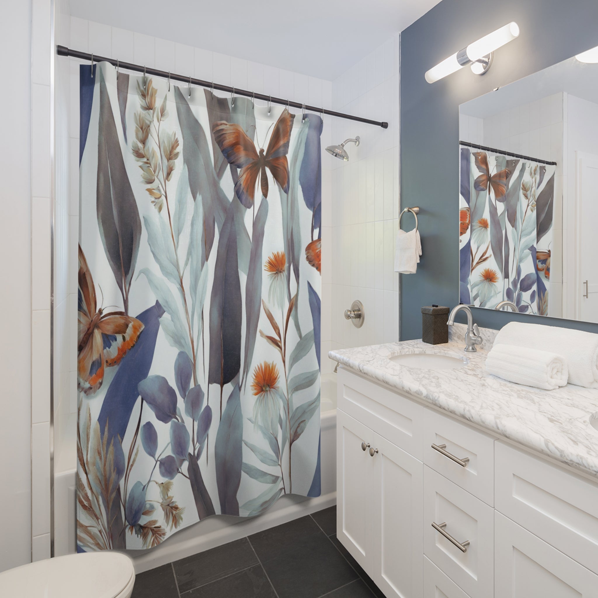 Boho Shower Curtain | Abstract Blue White, Orange Butterflies