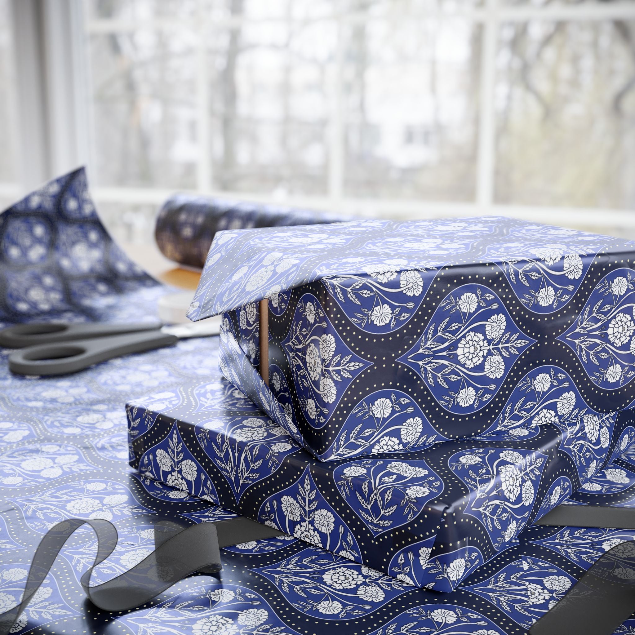 Elegant Wrapping Paper | Vintage Blue White Floral Gift Wrap for the Holidays, Birthdays