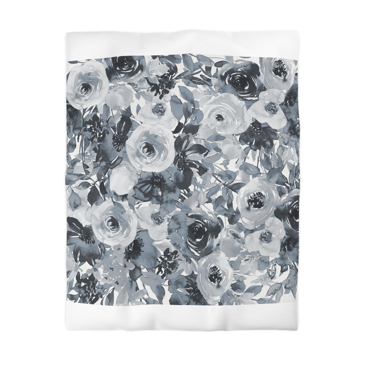 a square-shaped floral pattern with a variety of flowers and leaves in shades of black and white.