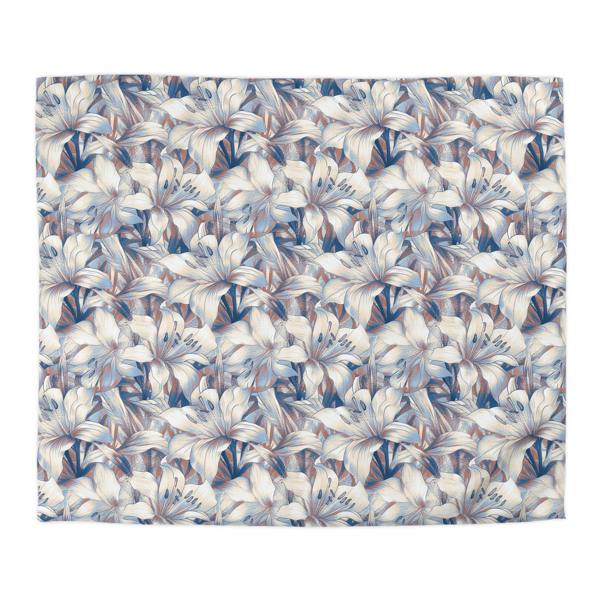 a repeating pattern of white lilies with blue and brown accents, creating a visually appealing and harmonious design.