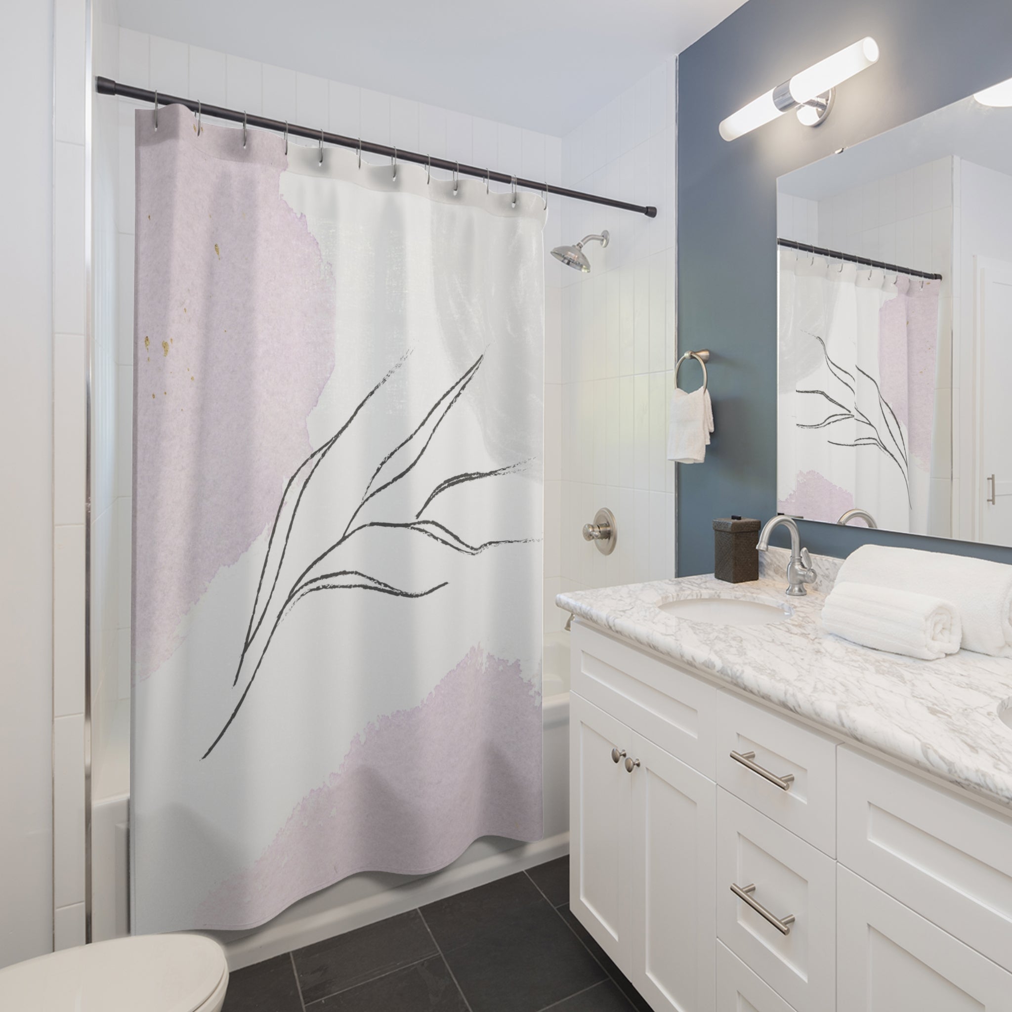 Floral Abstract Shower Curtain | Lavender White Grey Bath Curtain